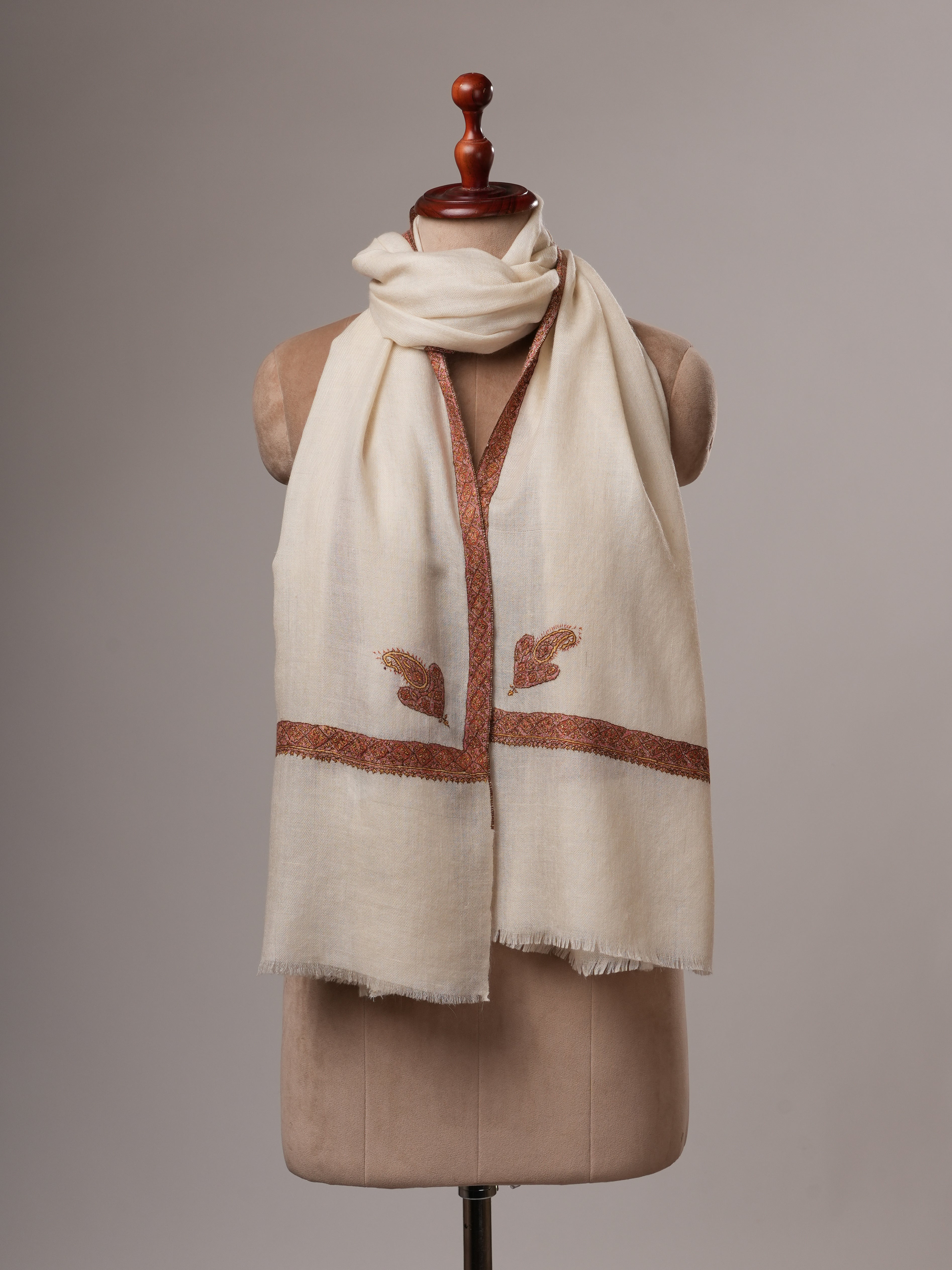 Natural White Cashmere Scarf with Hashia Hand Embroidery & Corner Paisley Shahkaar