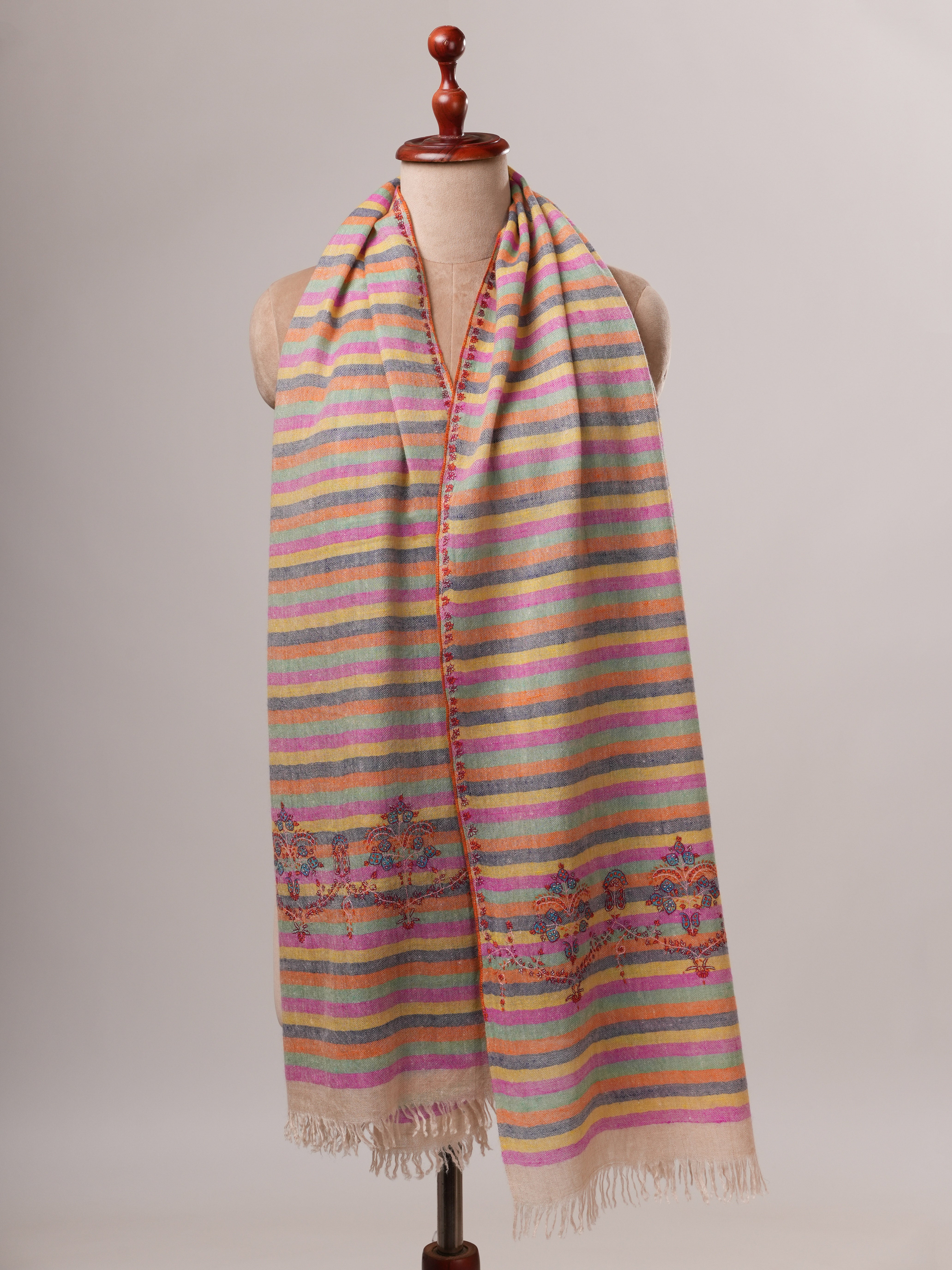 Handwoven Stripe Cashmere Scarf with Minimal Palla Embroidery Shahkaar