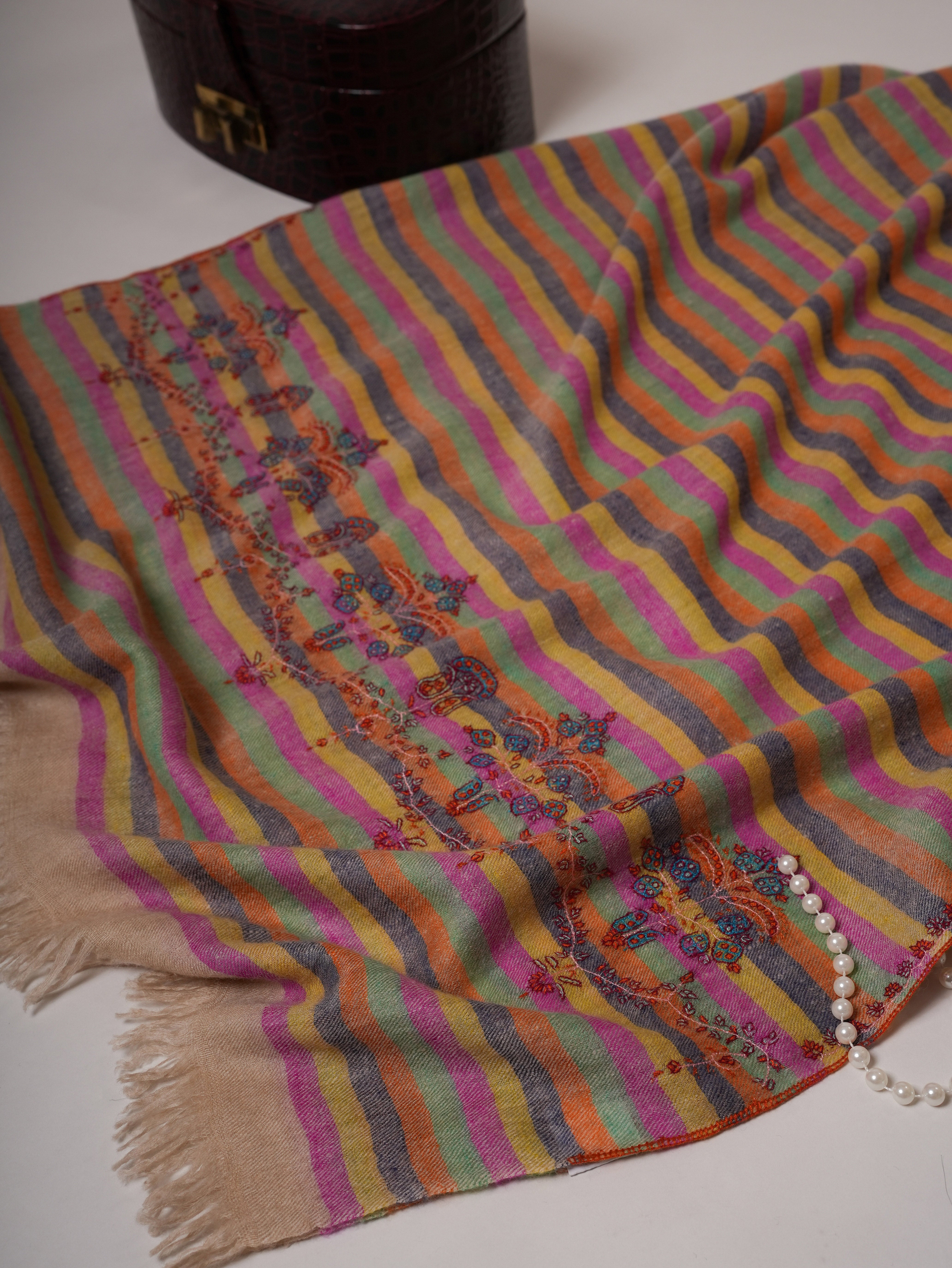 Handwoven Stripe Cashmere Scarf with Minimal Palla Embroidery Shahkaar