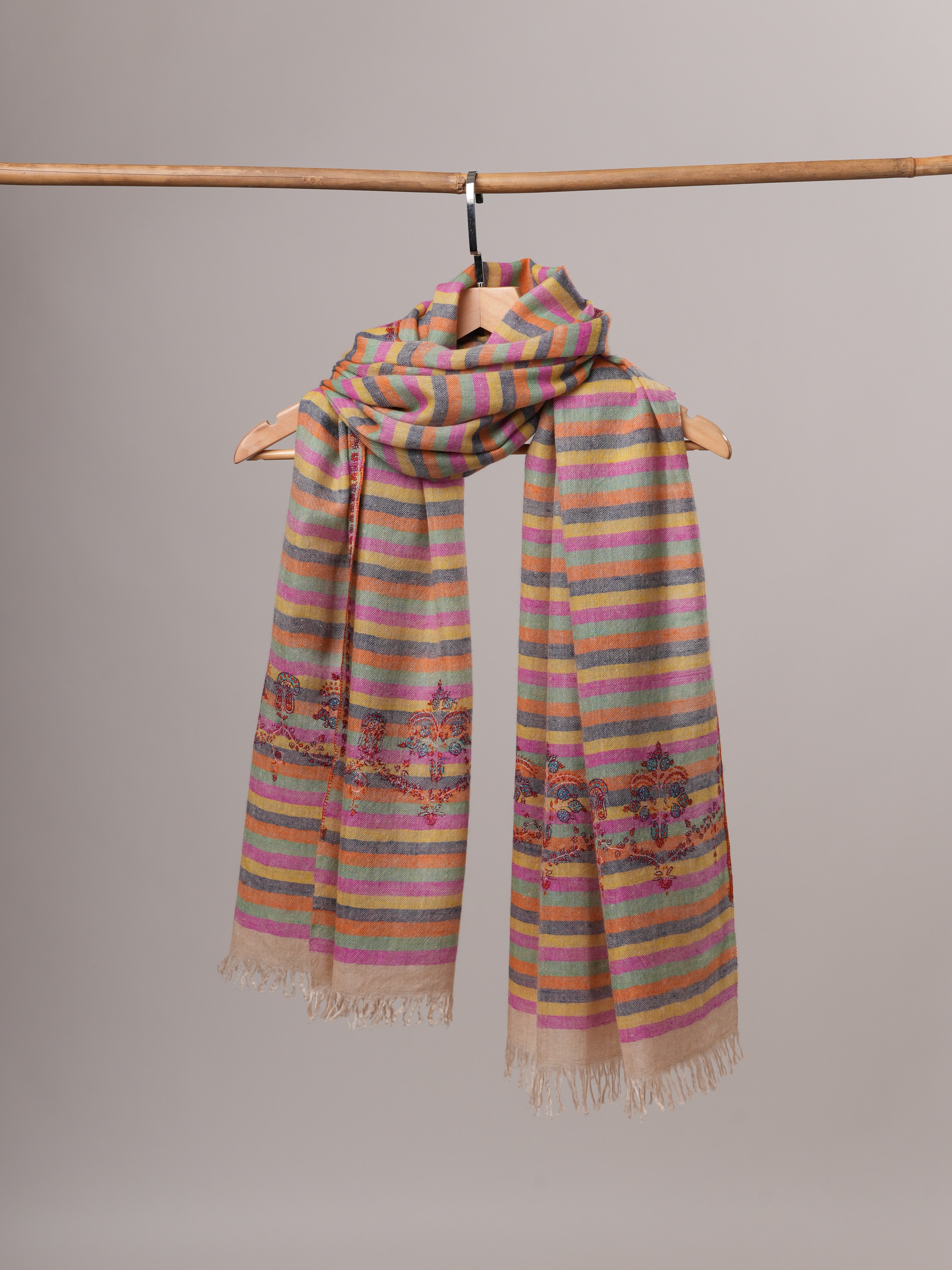 Handwoven Stripe Cashmere Scarf with Minimal Palla Embroidery Shahkaar