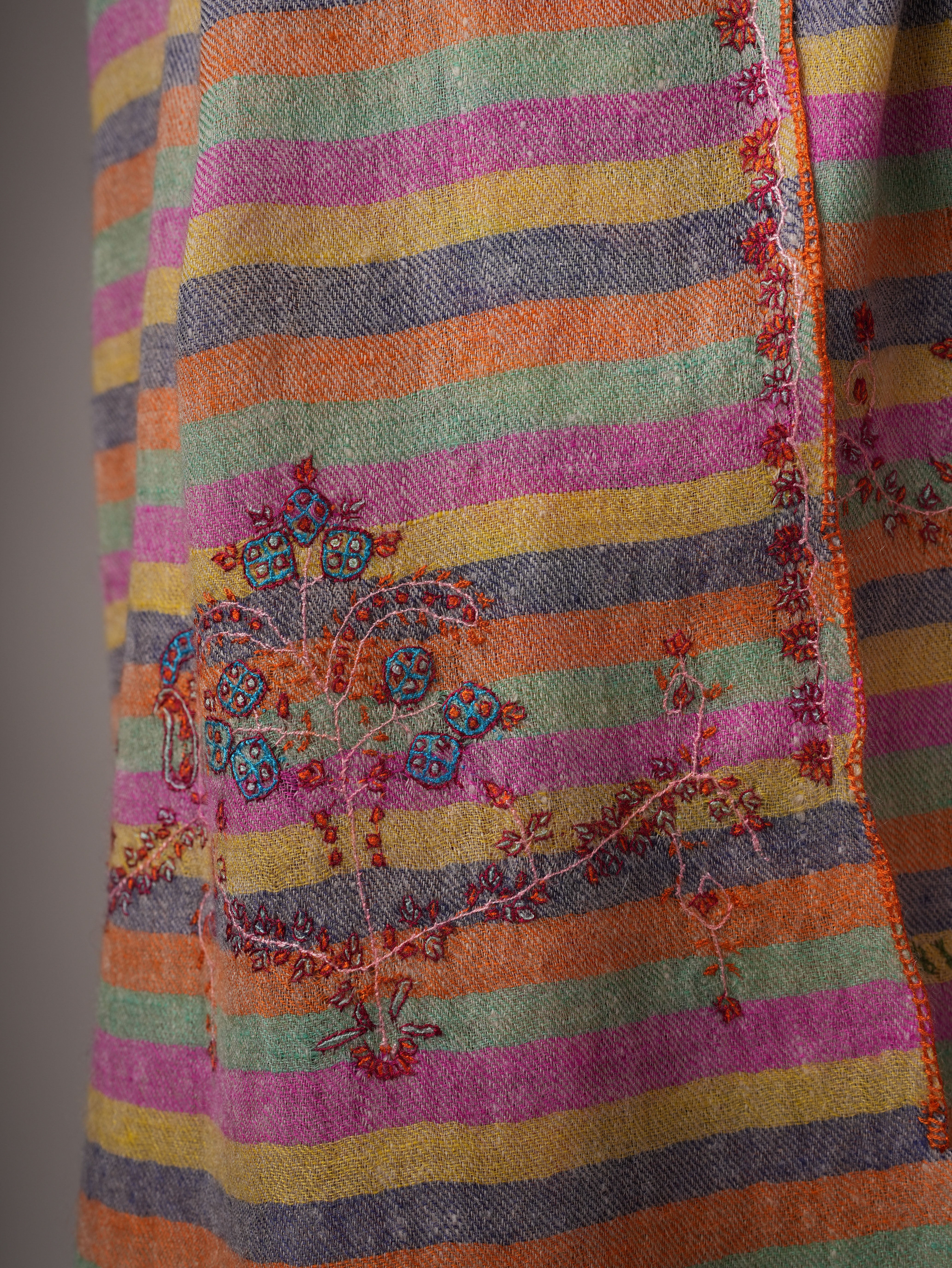Handwoven Stripe Cashmere Scarf with Minimal Palla Embroidery Shahkaar