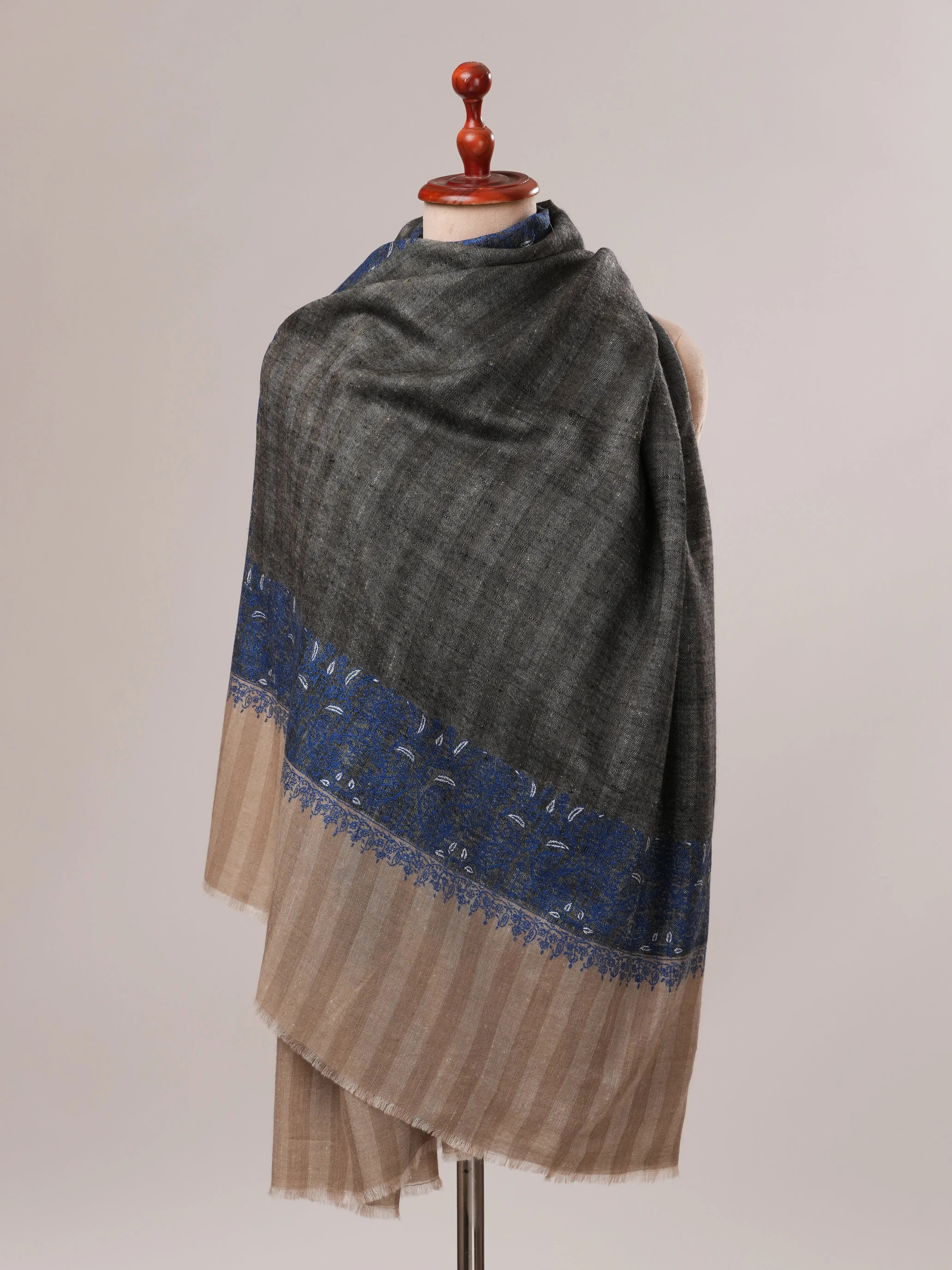 Striped Pashmina Shawl with Daurdar Sozni Embroidery Shahkaar.com