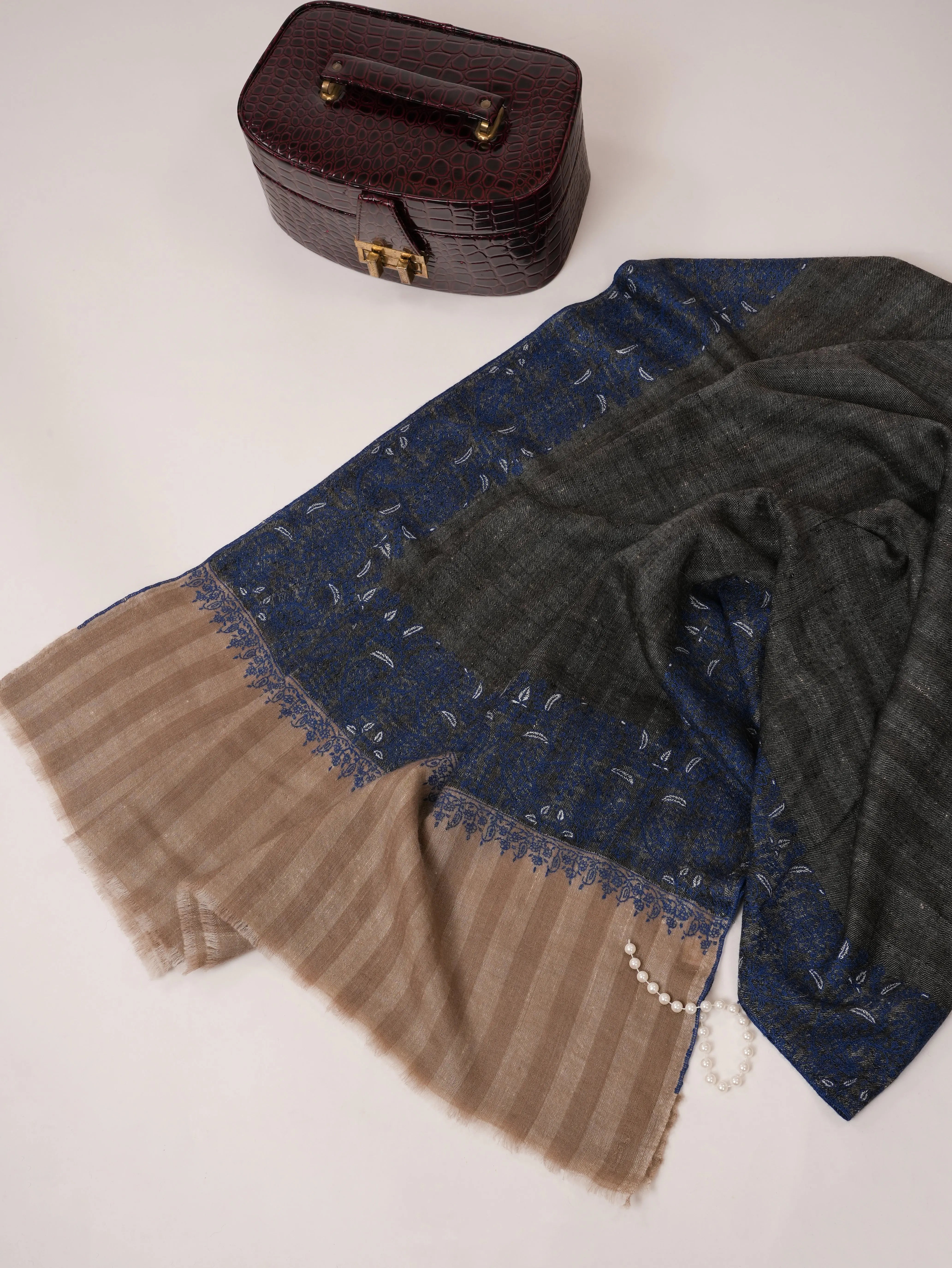 Striped Pashmina Shawl with Daurdar Sozni Embroidery Shahkaar.com