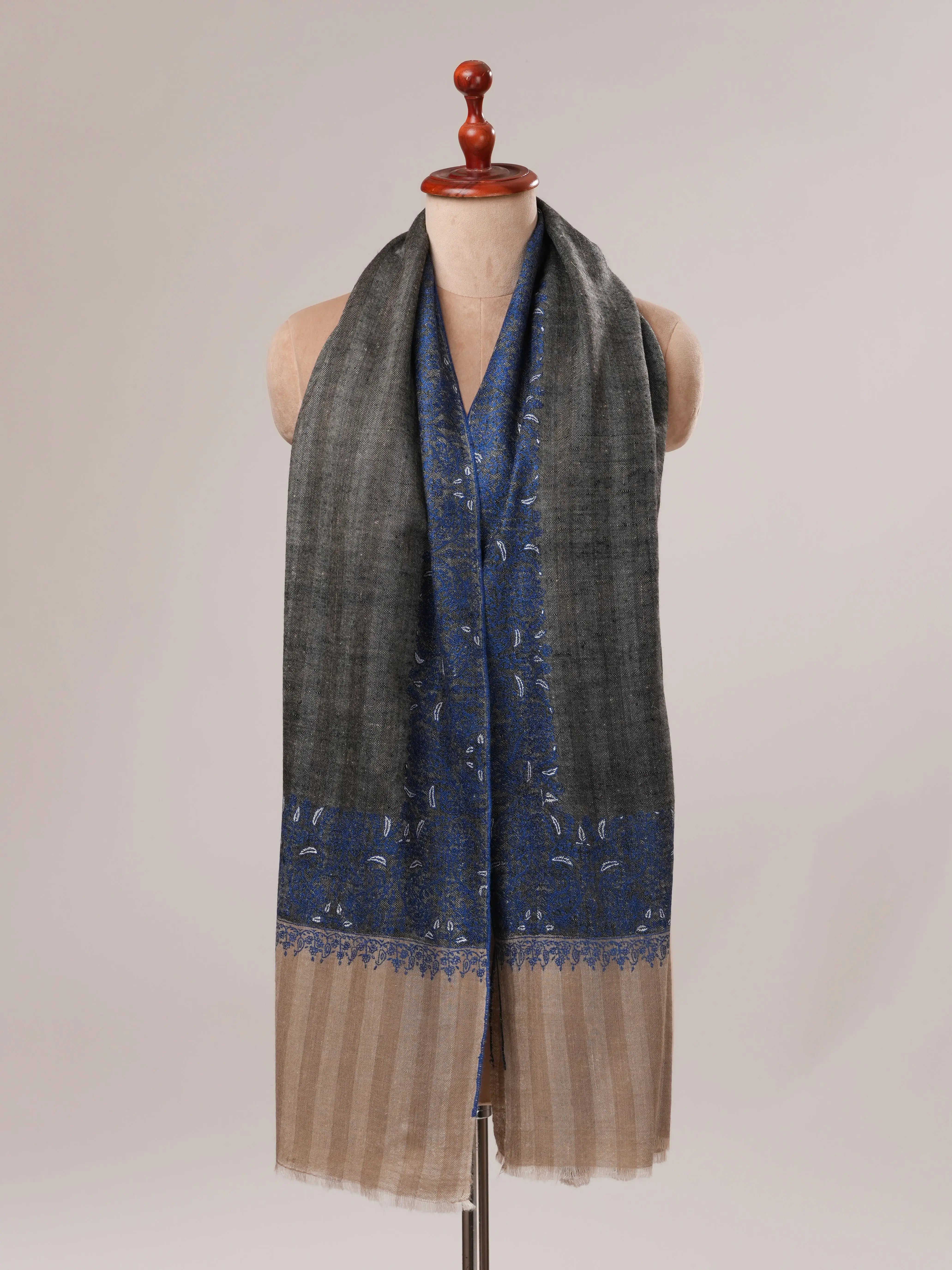 Striped Pashmina Shawl with Daurdar Sozni Embroidery Shahkaar.com