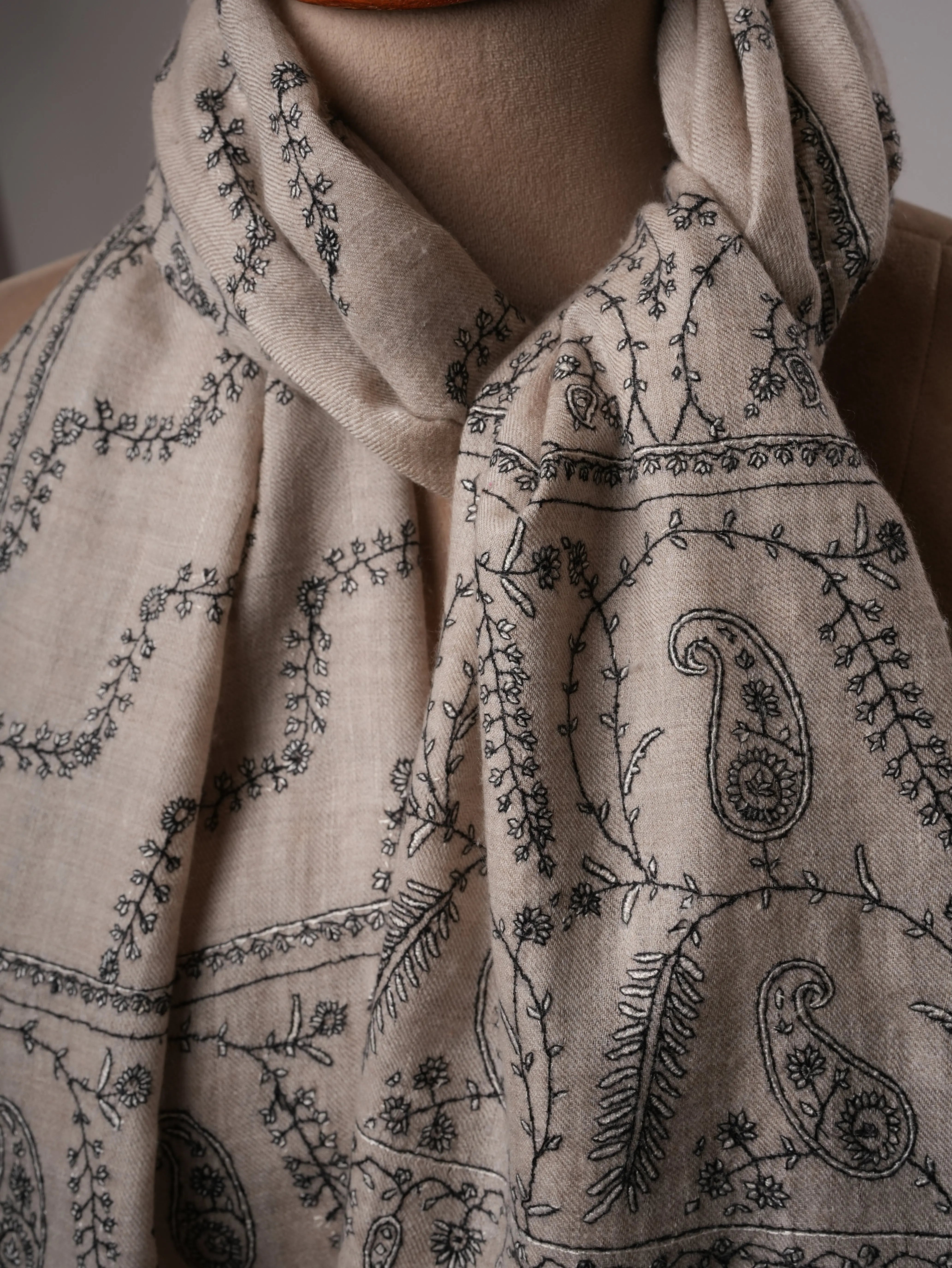Soft Grey Cashmere Scarf Featuring Intricate Sozni Handwork Shahkaar