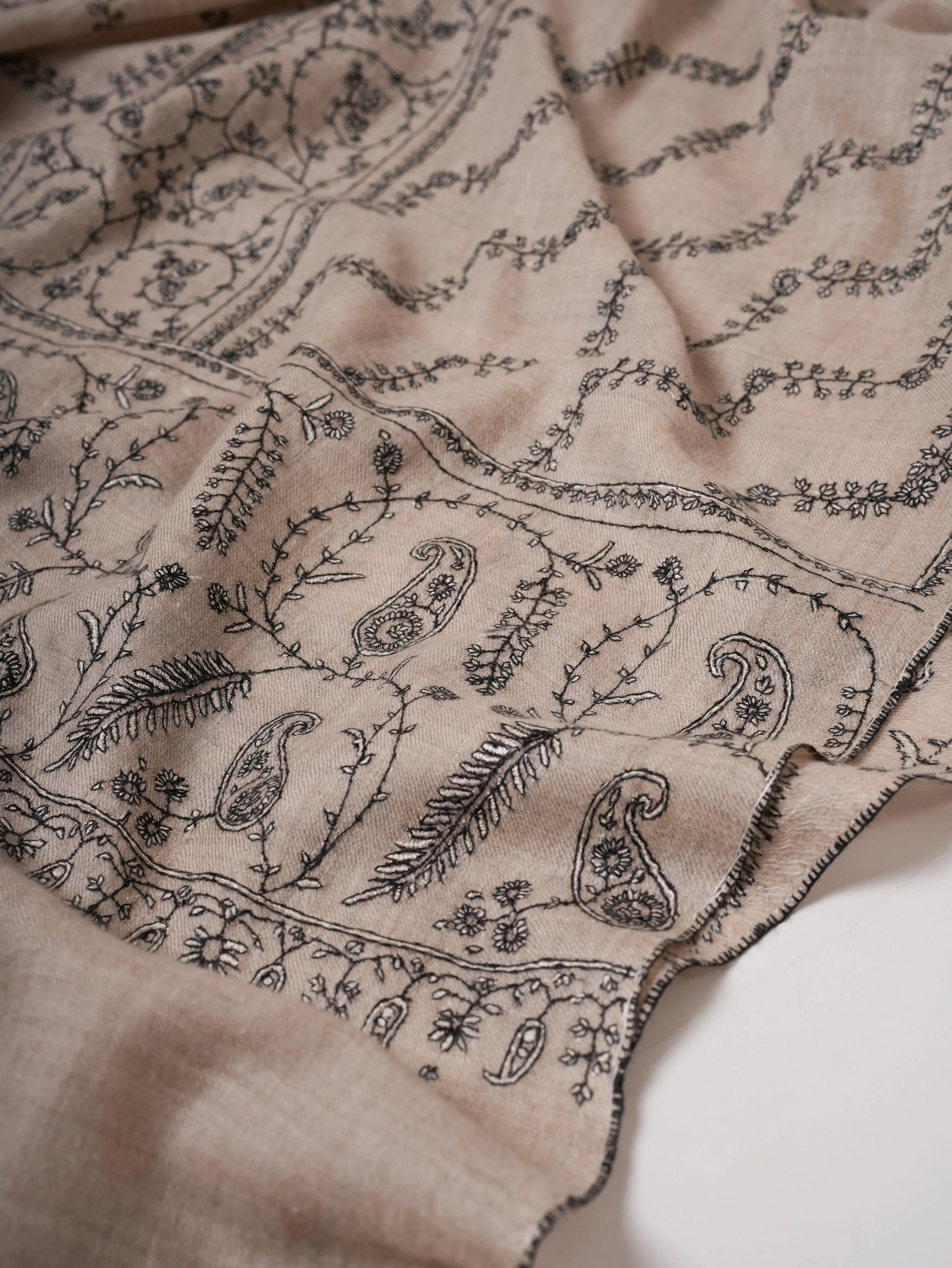 Soft Grey Cashmere Scarf Featuring Intricate Sozni Handwork Shahkaar