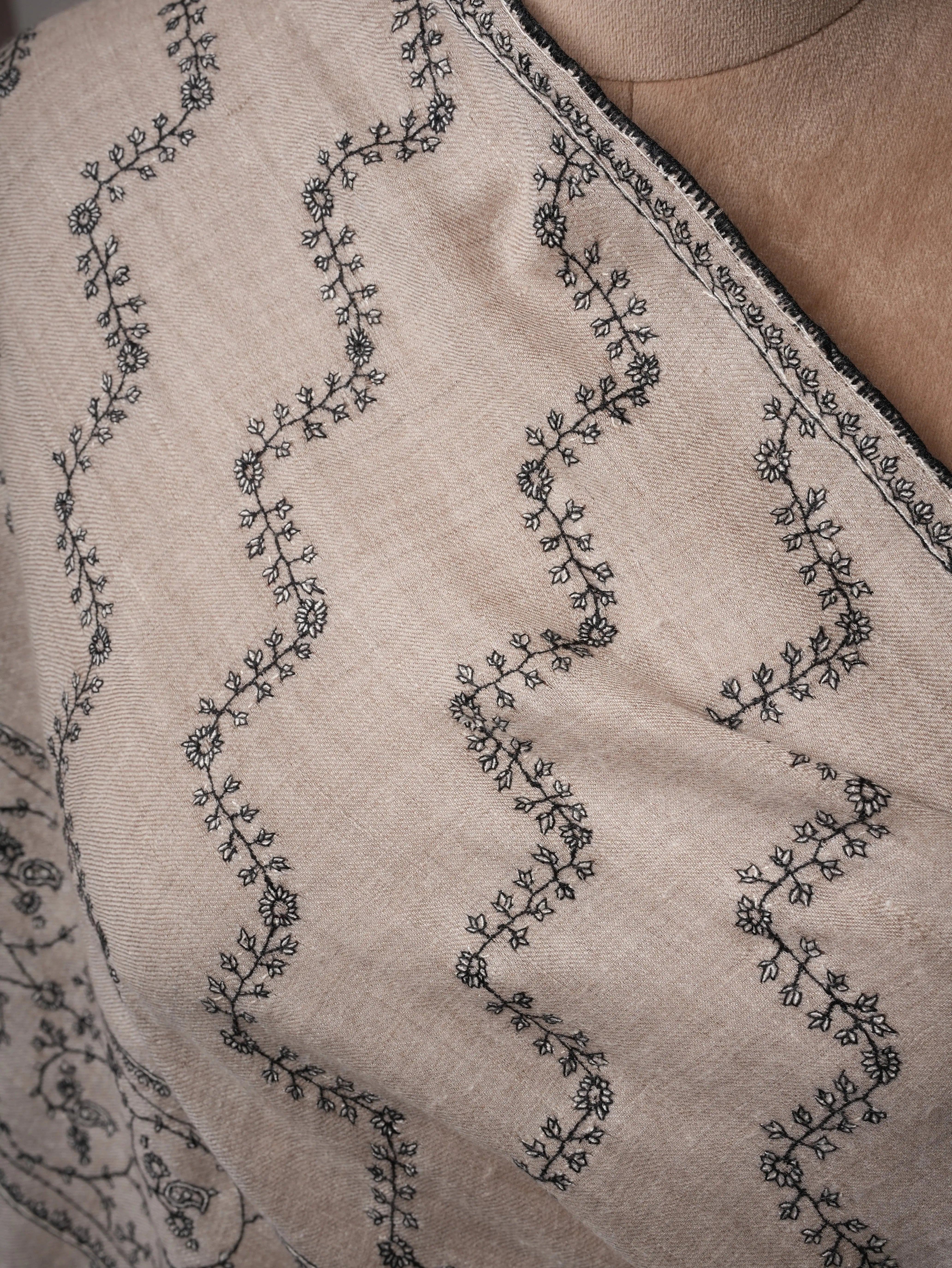 Soft Grey Cashmere Scarf Featuring Intricate Sozni Handwork Shahkaar