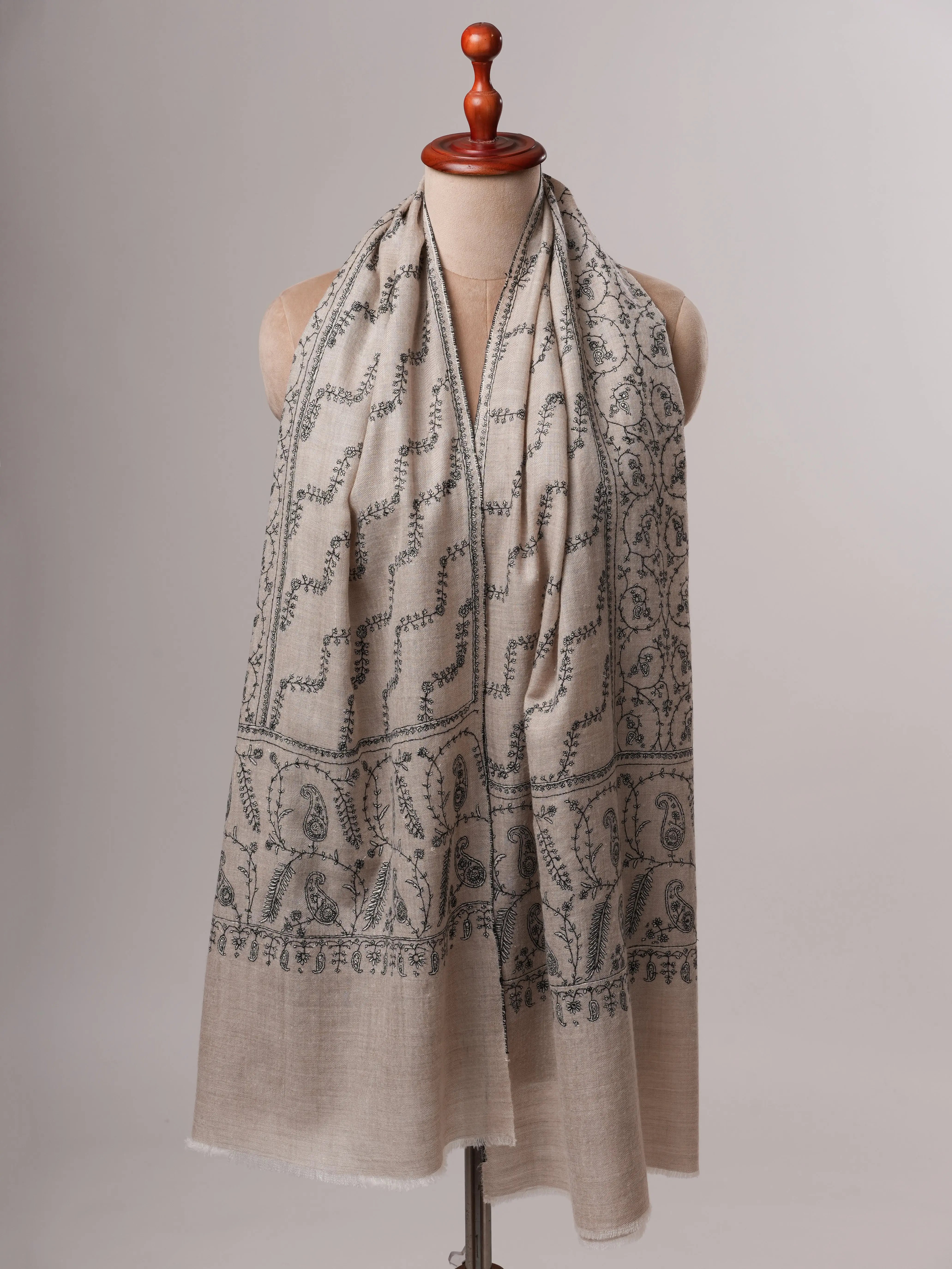 Soft Grey Cashmere Scarf Featuring Intricate Sozni Handwork Shahkaar