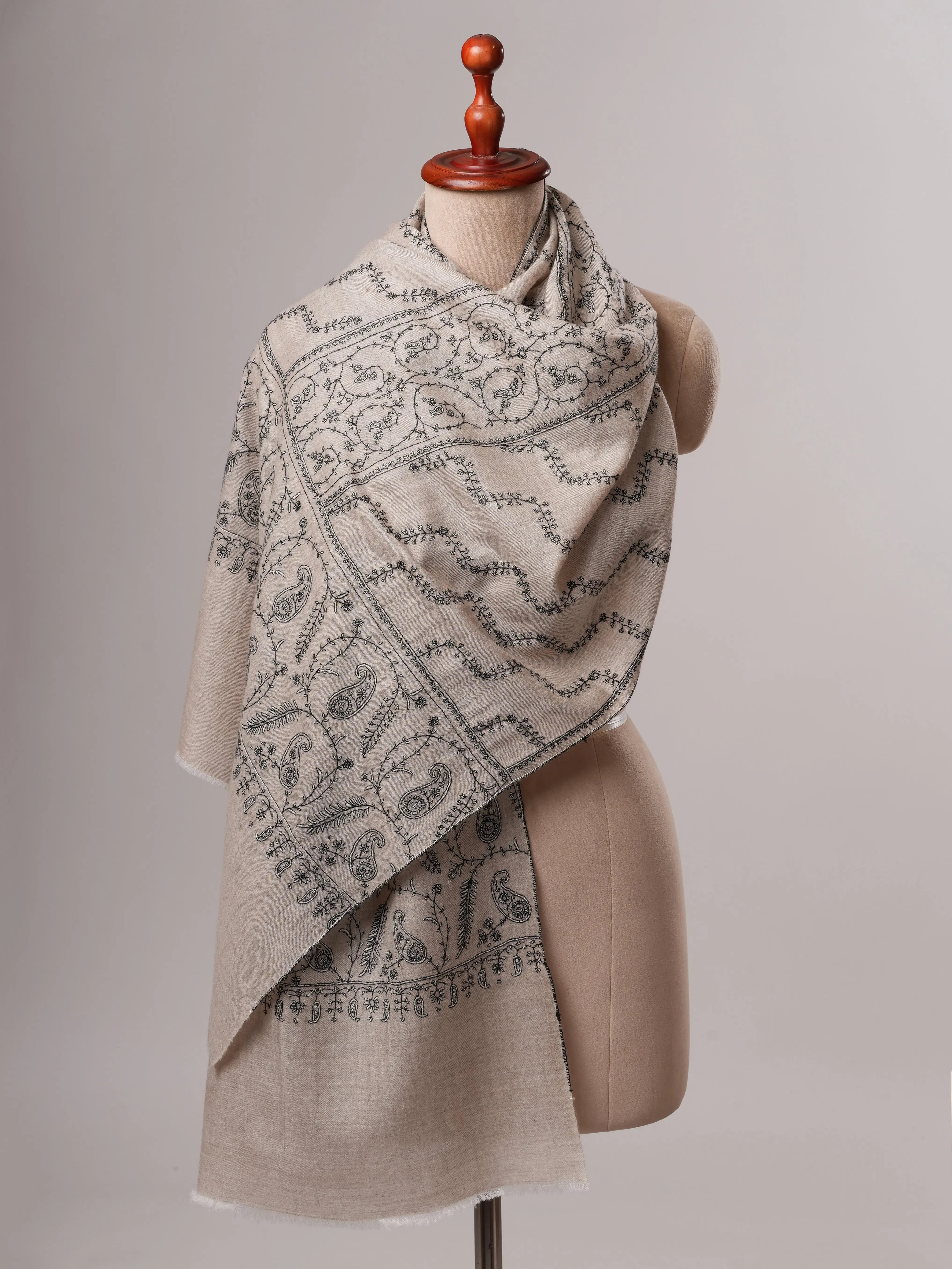 Soft Grey Cashmere Scarf Featuring Intricate Sozni Handwork Shahkaar