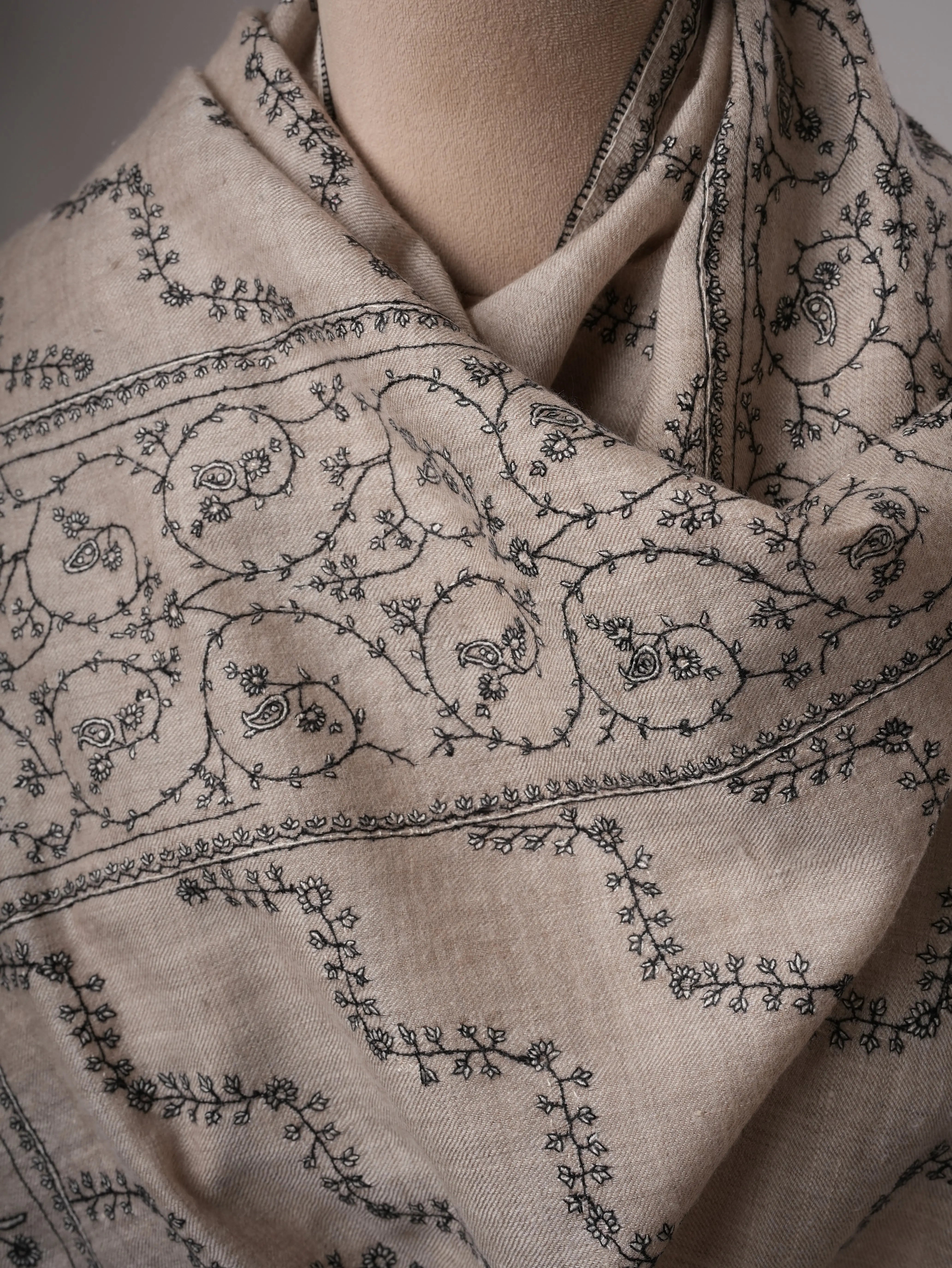 Soft Grey Cashmere Scarf Featuring Intricate Sozni Handwork Shahkaar