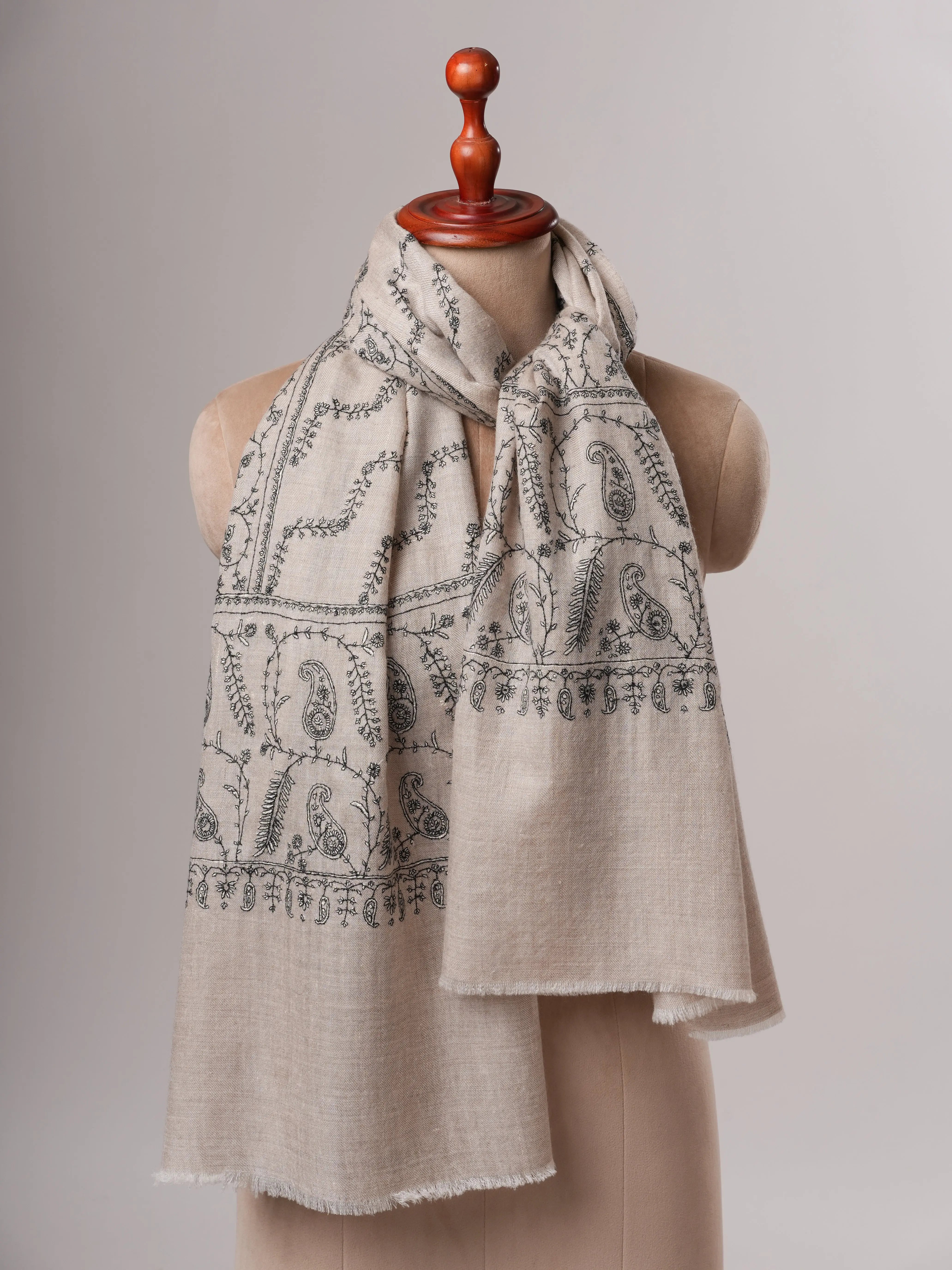 Soft Grey Cashmere Scarf Featuring Intricate Sozni Handwork Shahkaar
