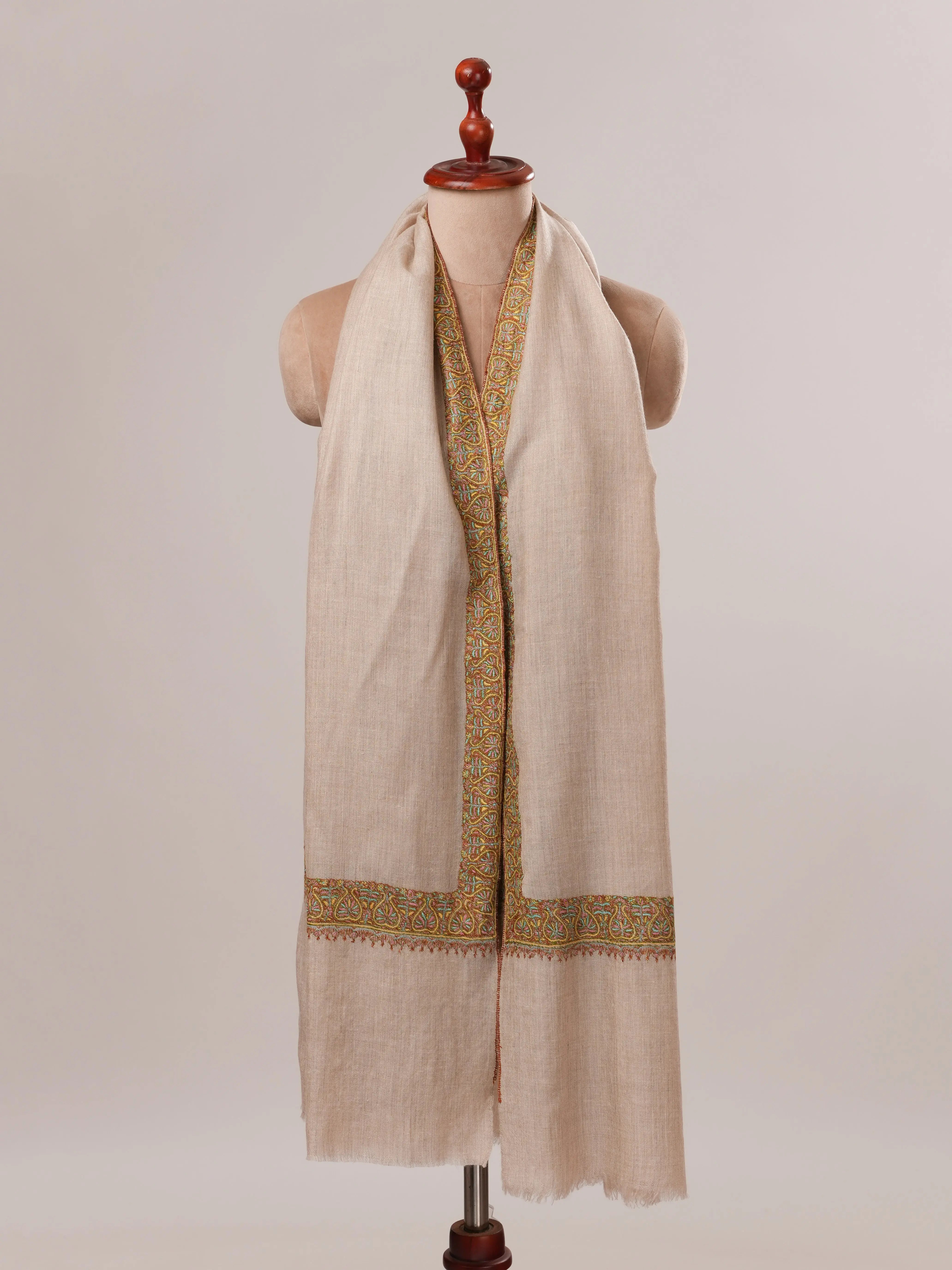 Natural Grey Neemdaur Hand Embroidered Pashmina Shawl Shahkaar.com