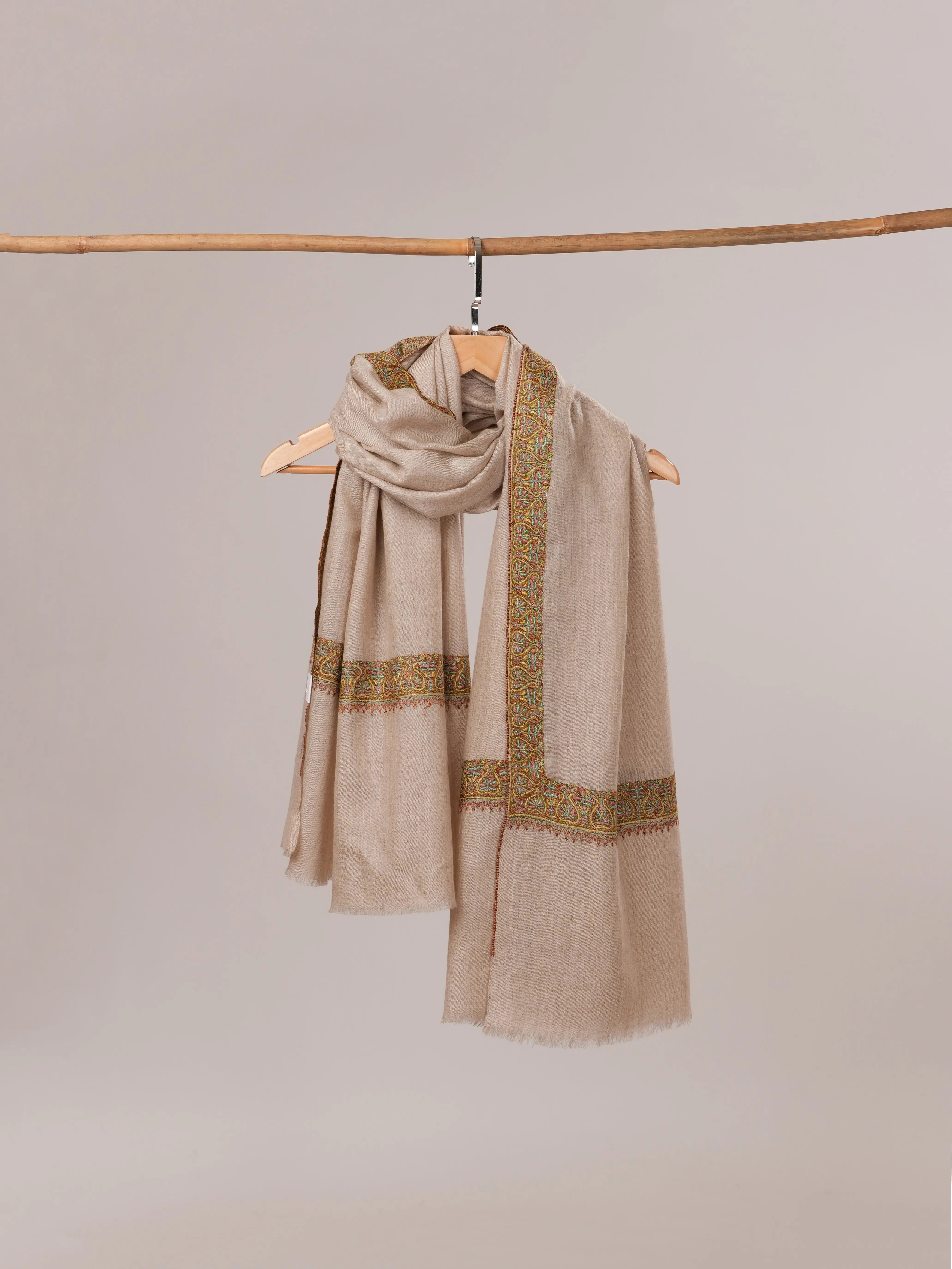 Natural Grey Neemdaur Hand Embroidered Pashmina Shawl Shahkaar.com