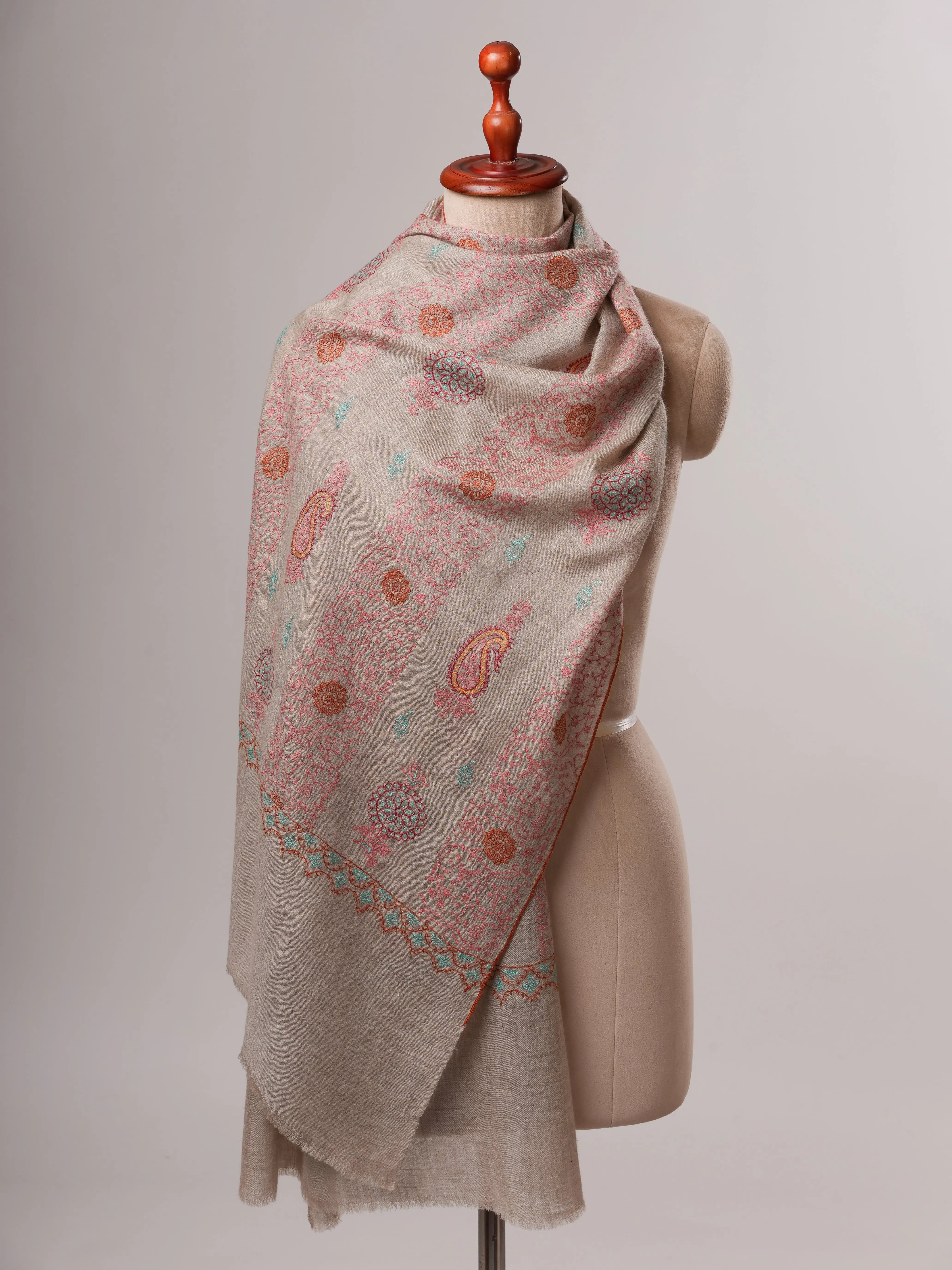 Soft Natural Grey Cashmere Scarf with Intricate Handwork Shahkaar