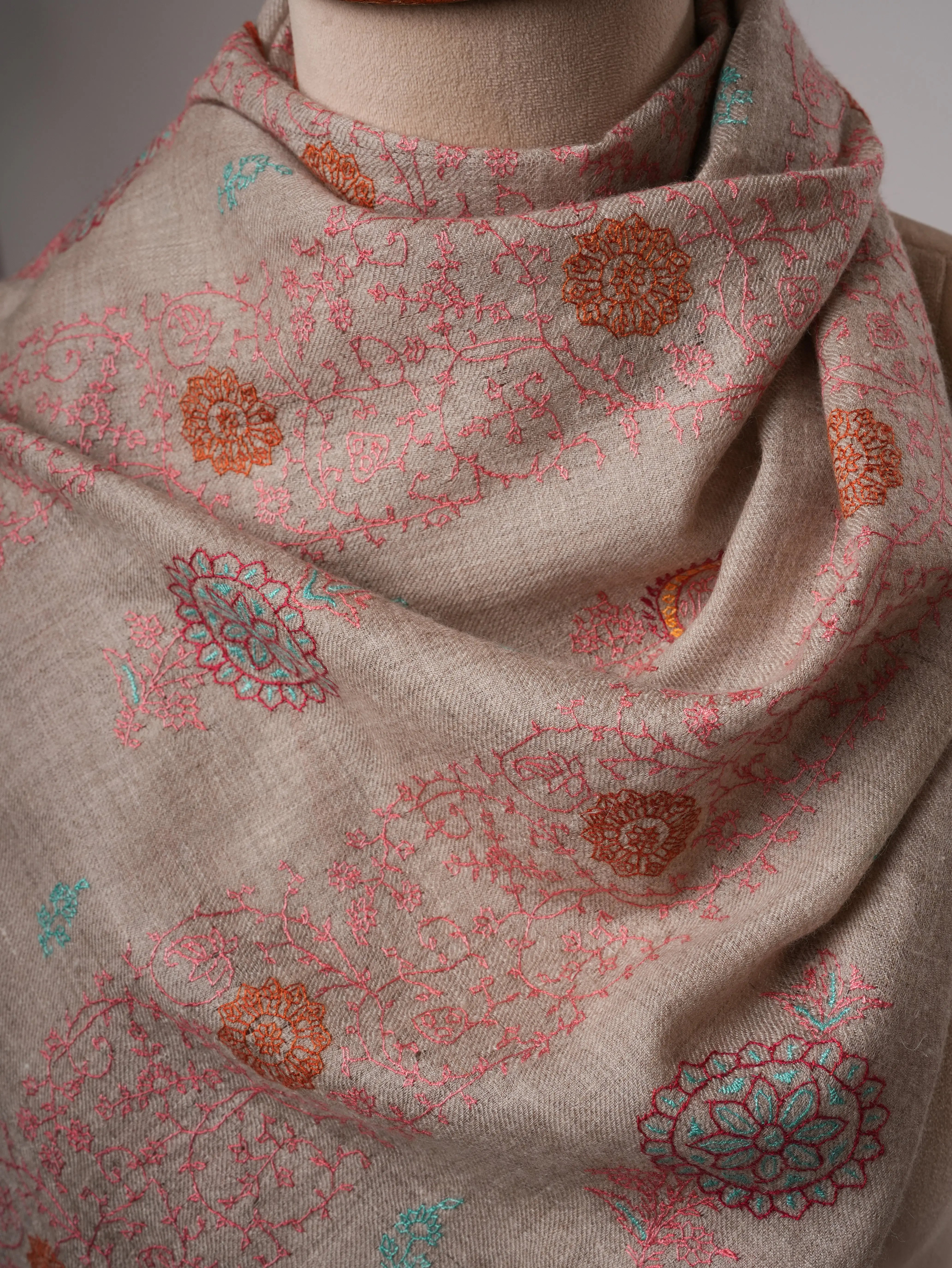Soft Natural Grey Cashmere Scarf with Intricate Handwork Shahkaar