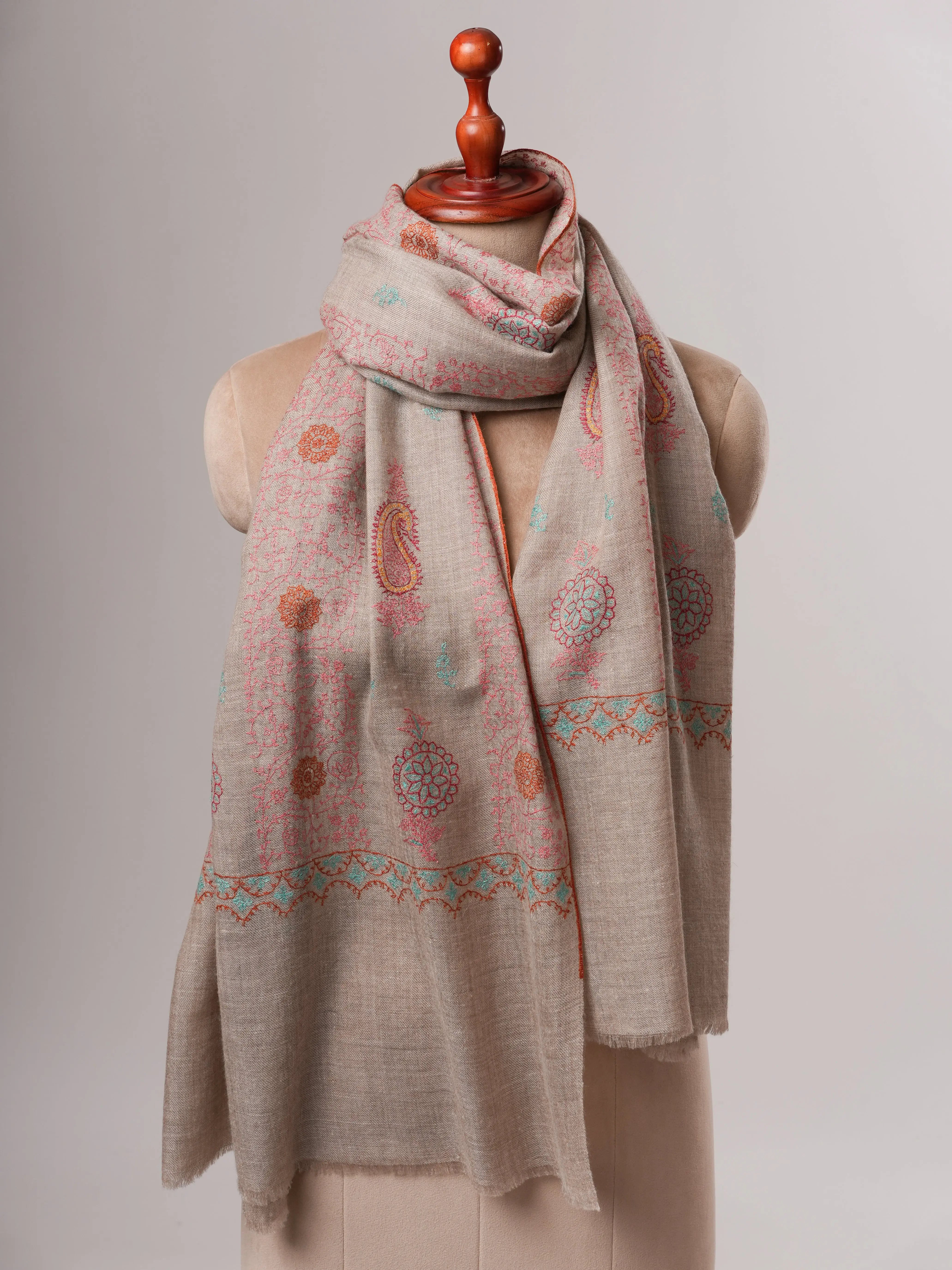 Soft Natural Grey Cashmere Scarf with Intricate Handwork Shahkaar