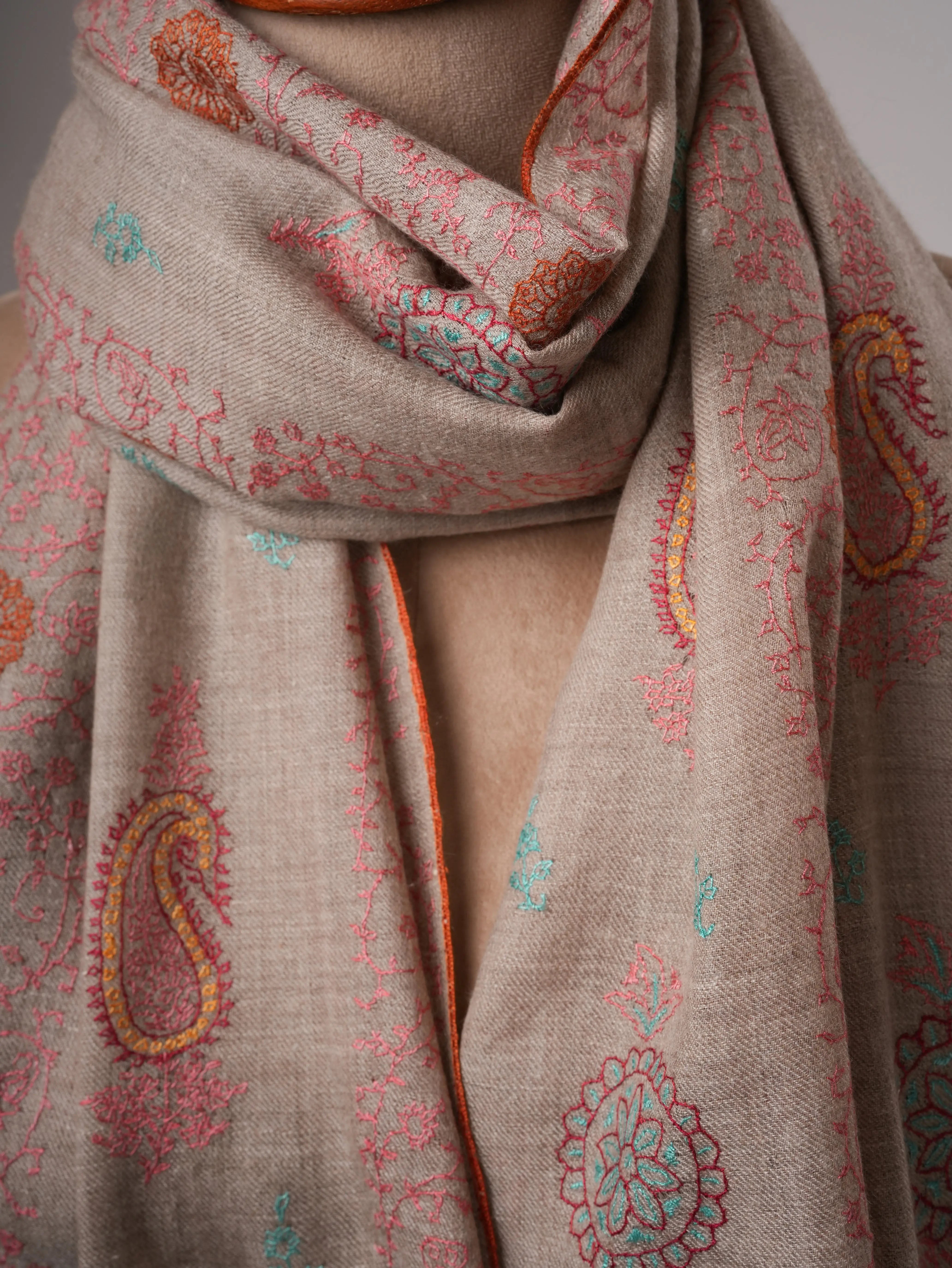 Soft Natural Grey Cashmere Scarf with Intricate Handwork Shahkaar