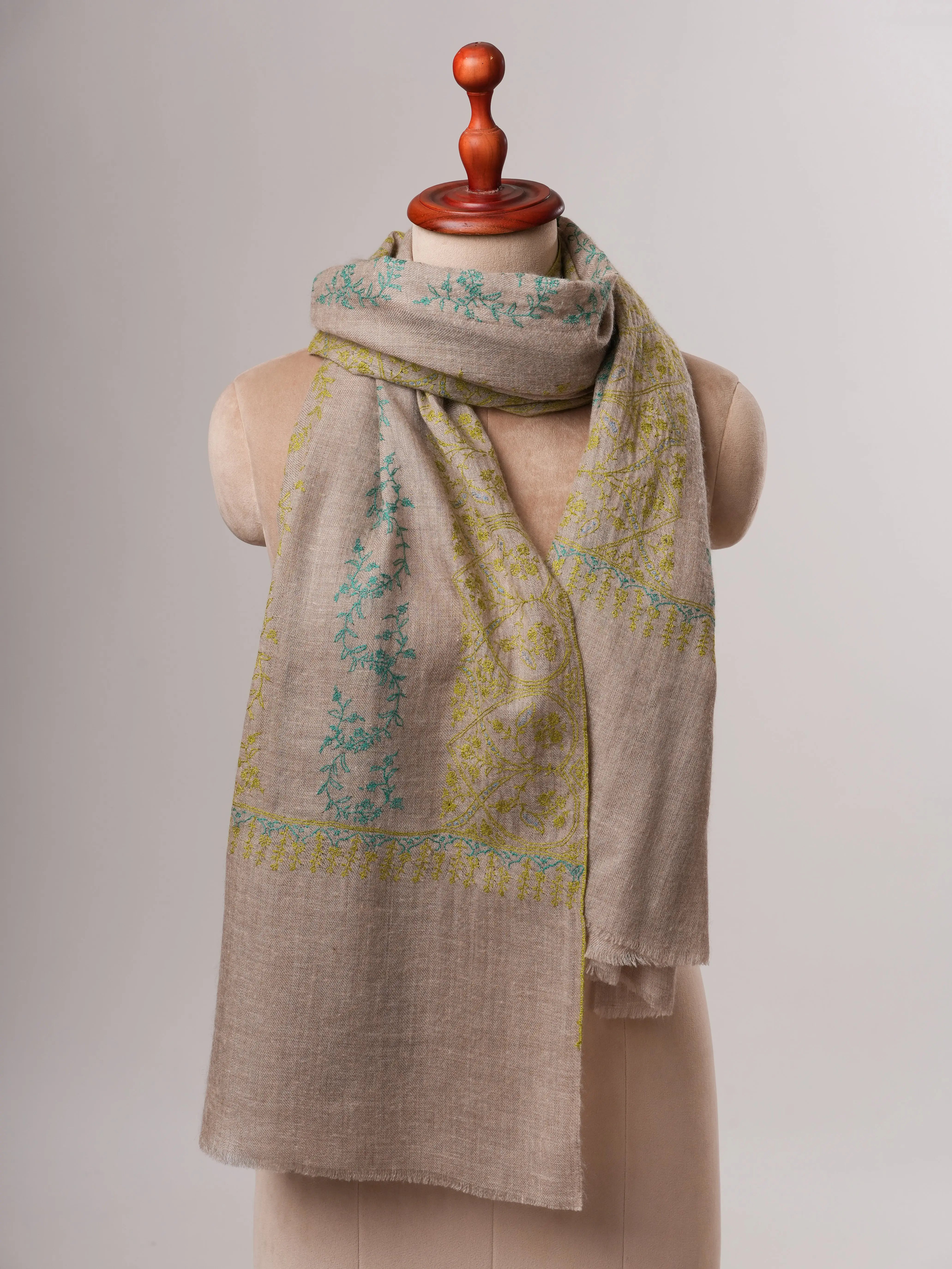 Natural Grey Baby Soft Cashmere Scarf with All-Over Embroidery Shahkaar