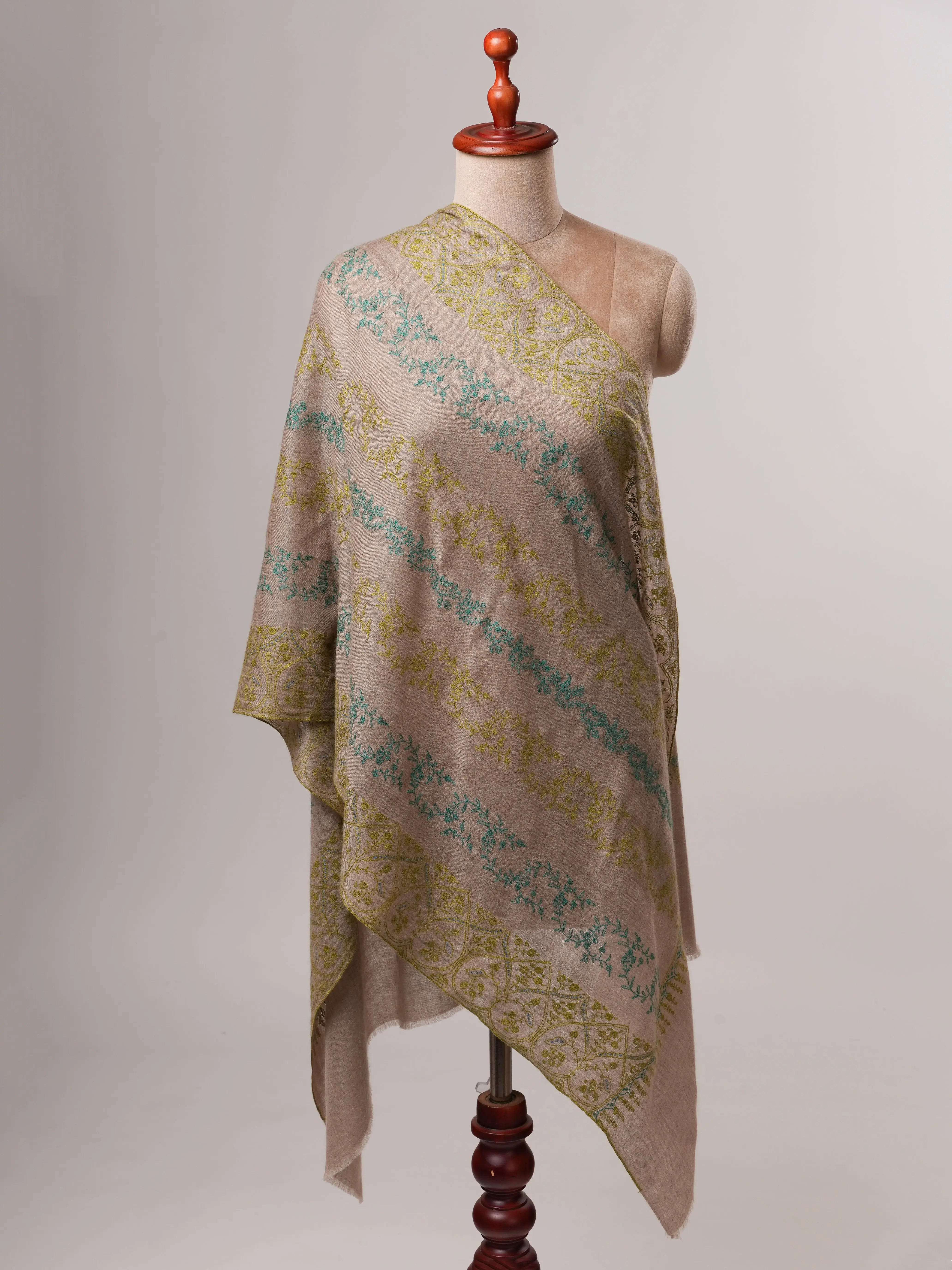 Natural Grey Baby Soft Cashmere Scarf with All-Over Embroidery Shahkaar