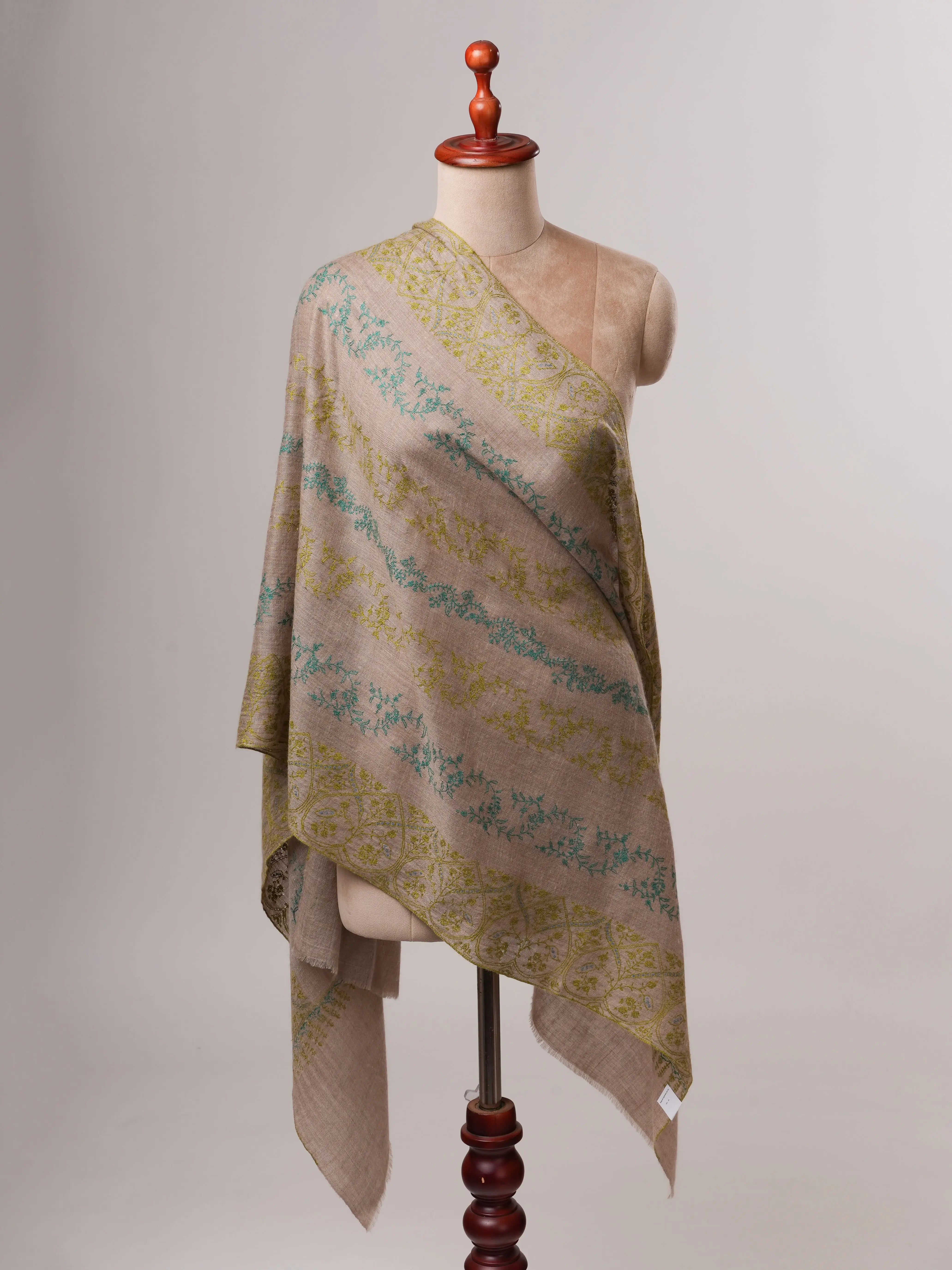 Natural Grey Baby Soft Cashmere Scarf with All-Over Embroidery Shahkaar