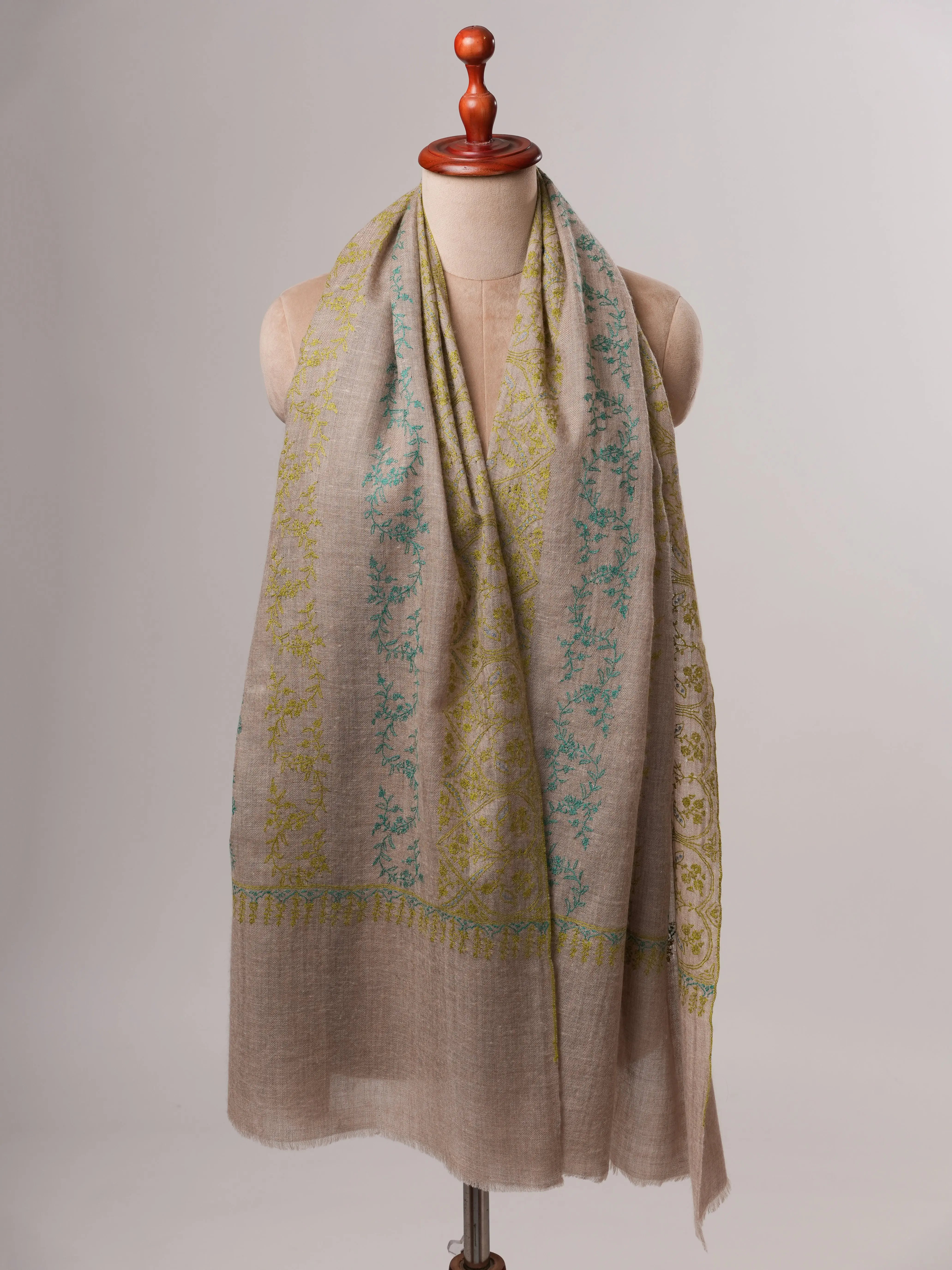 Natural Grey Baby Soft Cashmere Scarf with All-Over Embroidery Shahkaar