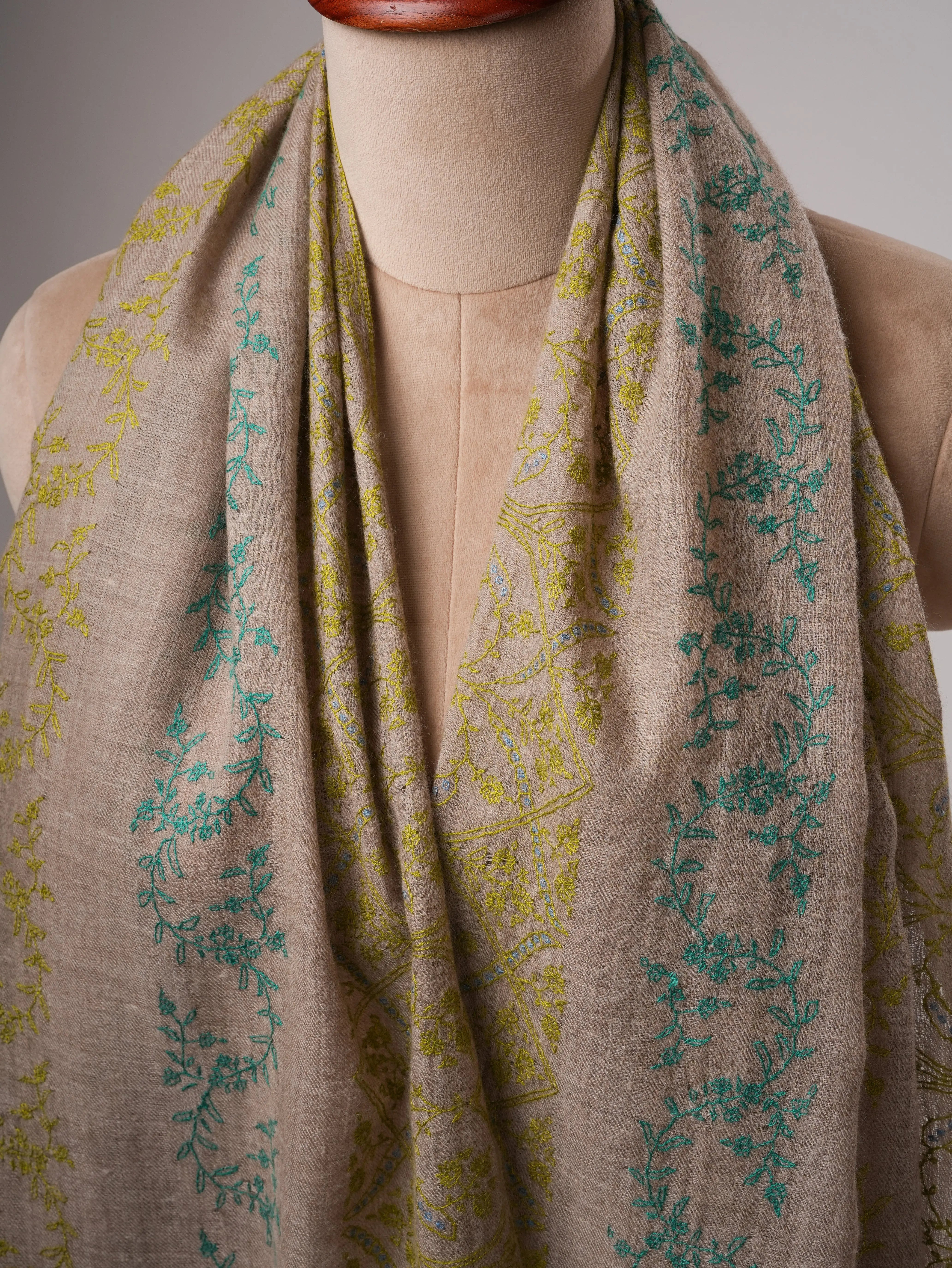 Natural Grey Baby Soft Cashmere Scarf with All-Over Embroidery Shahkaar