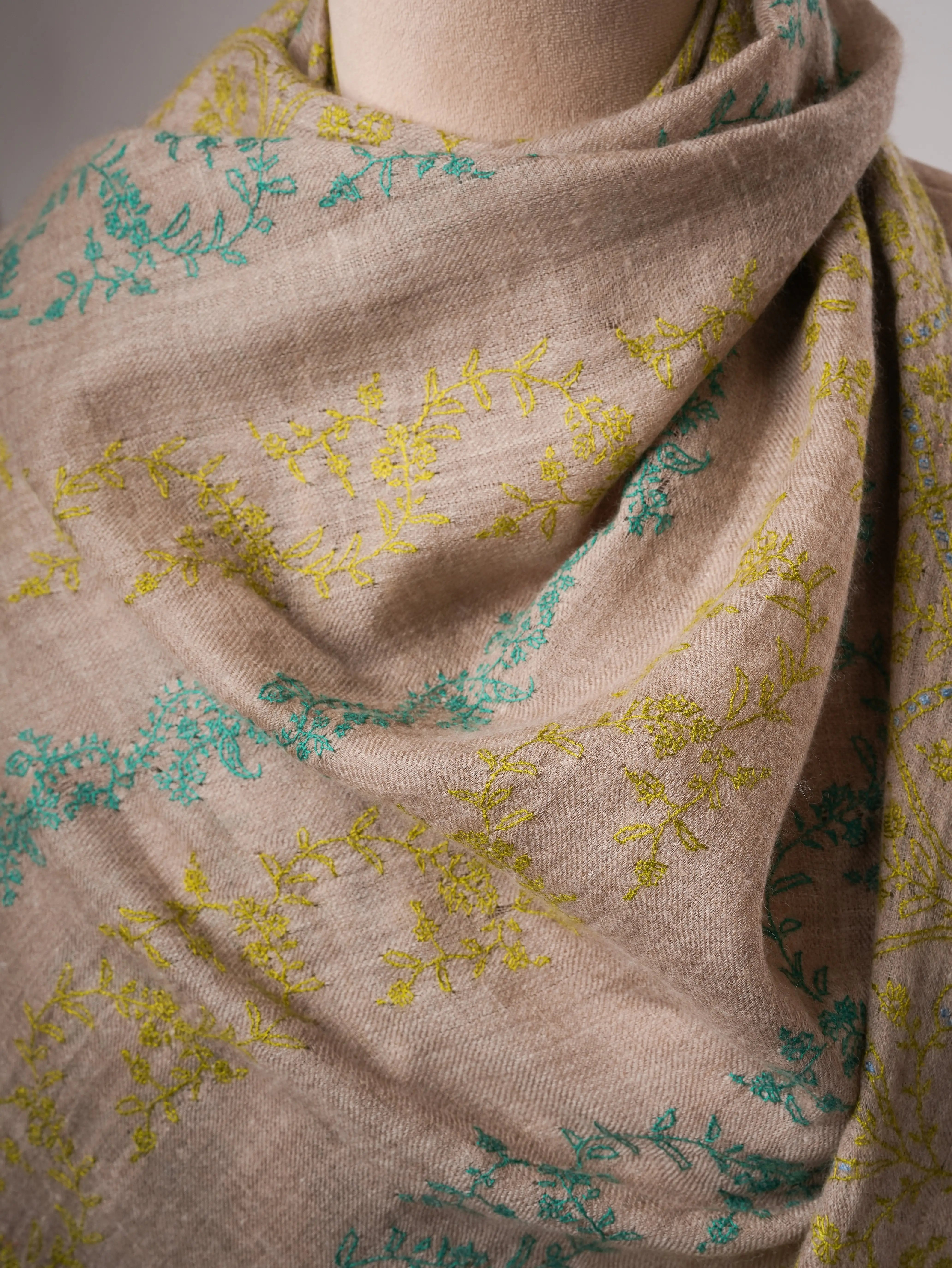 Natural Grey Baby Soft Cashmere Scarf with All-Over Embroidery Shahkaar