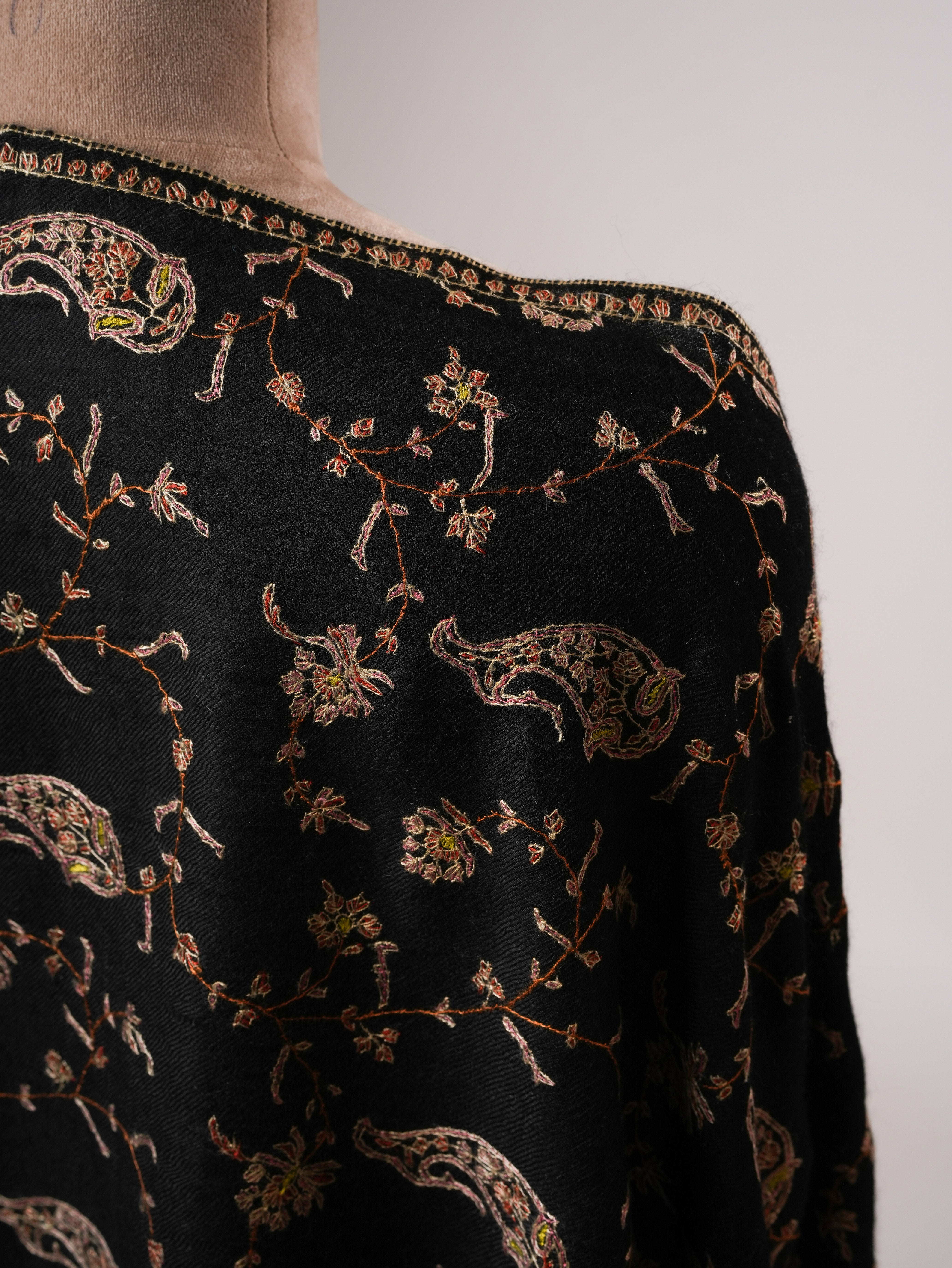 Luxurious Black Cashmere Wrap with All Over Hand Embroidered Motifs Shahkaar