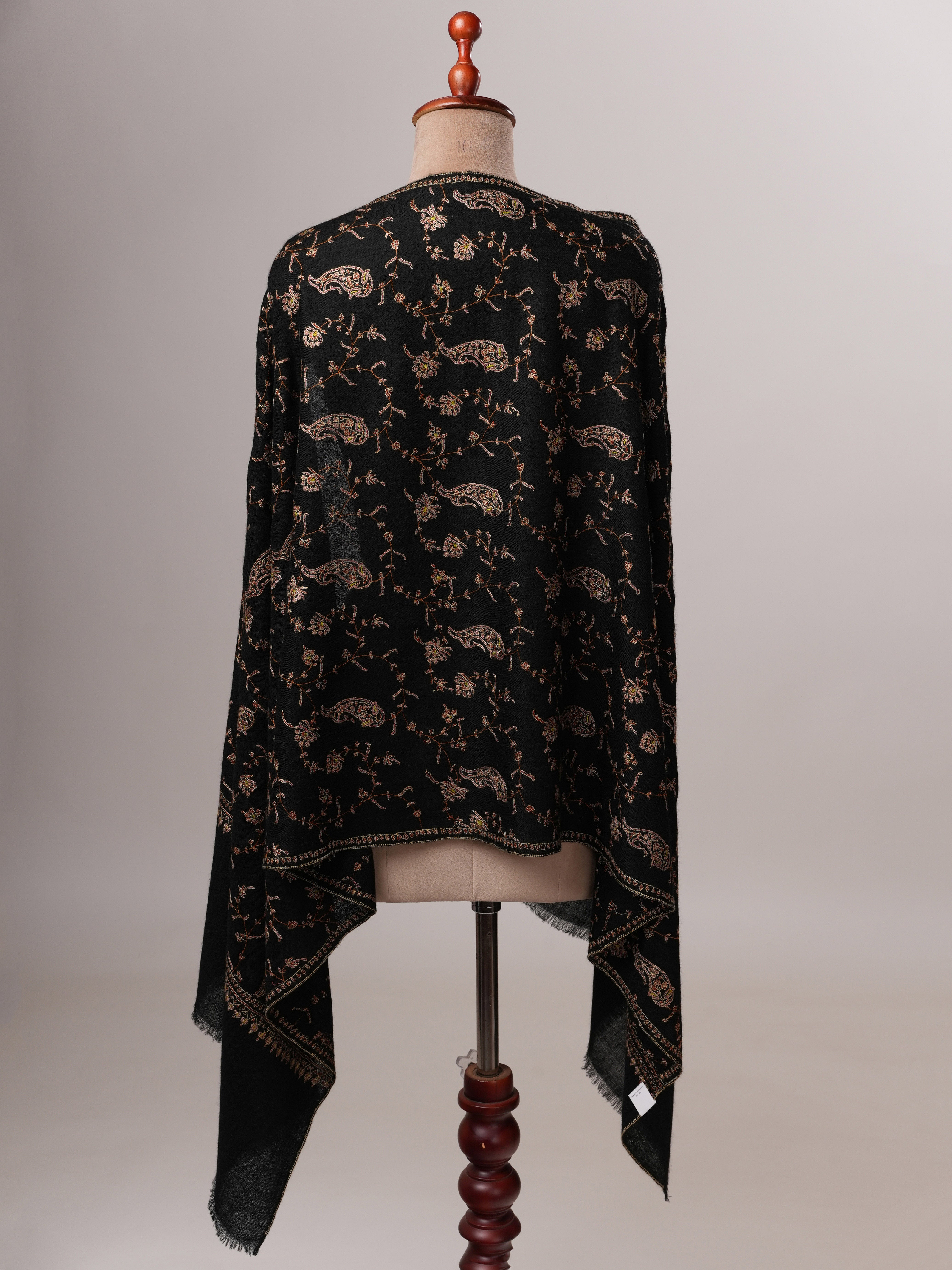 Luxurious Black Cashmere Wrap with All Over Hand Embroidered Motifs Shahkaar