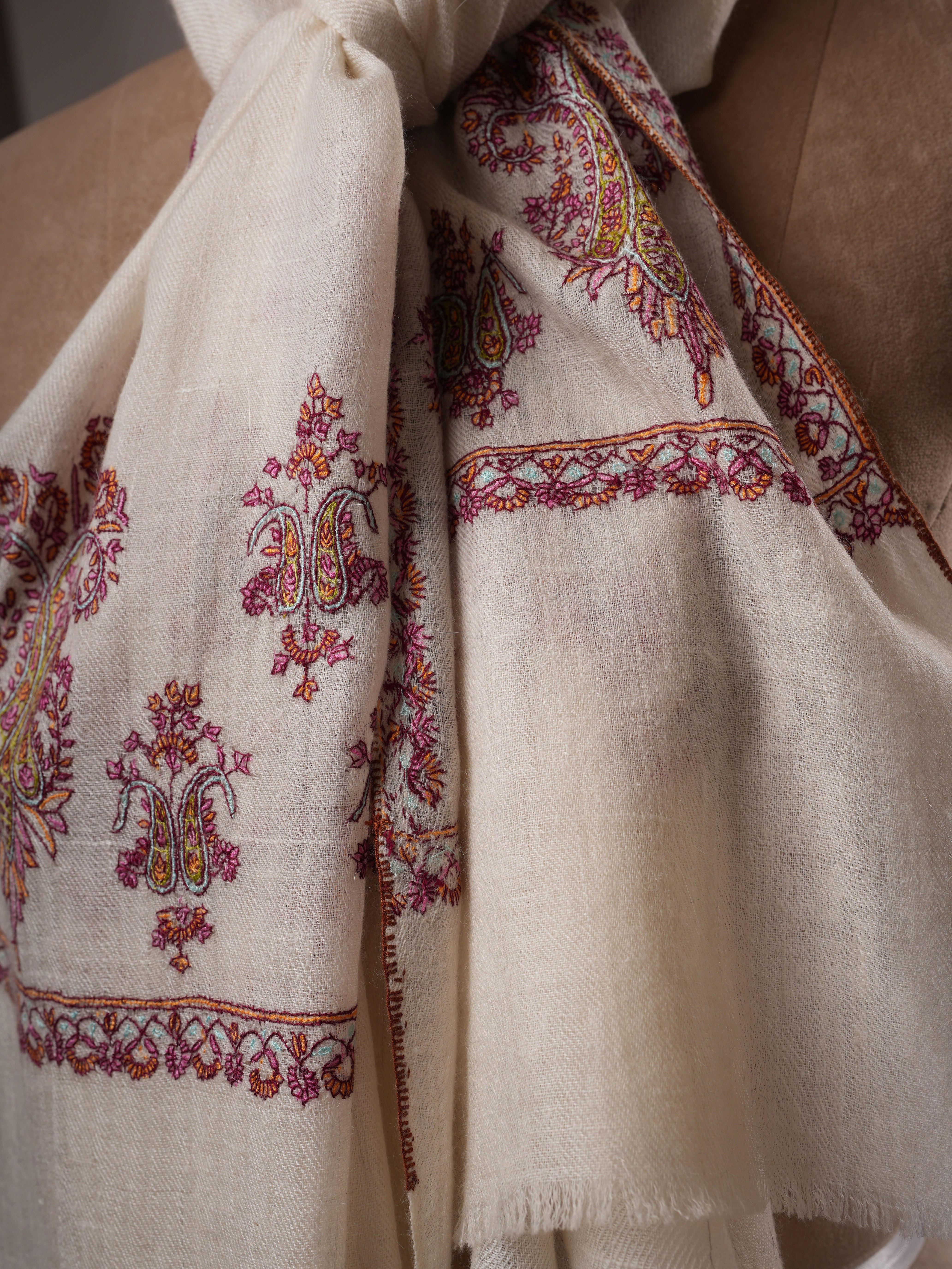 Natural White Hand Embroidered Baby Soft Cashmere Scarf Shahkaar