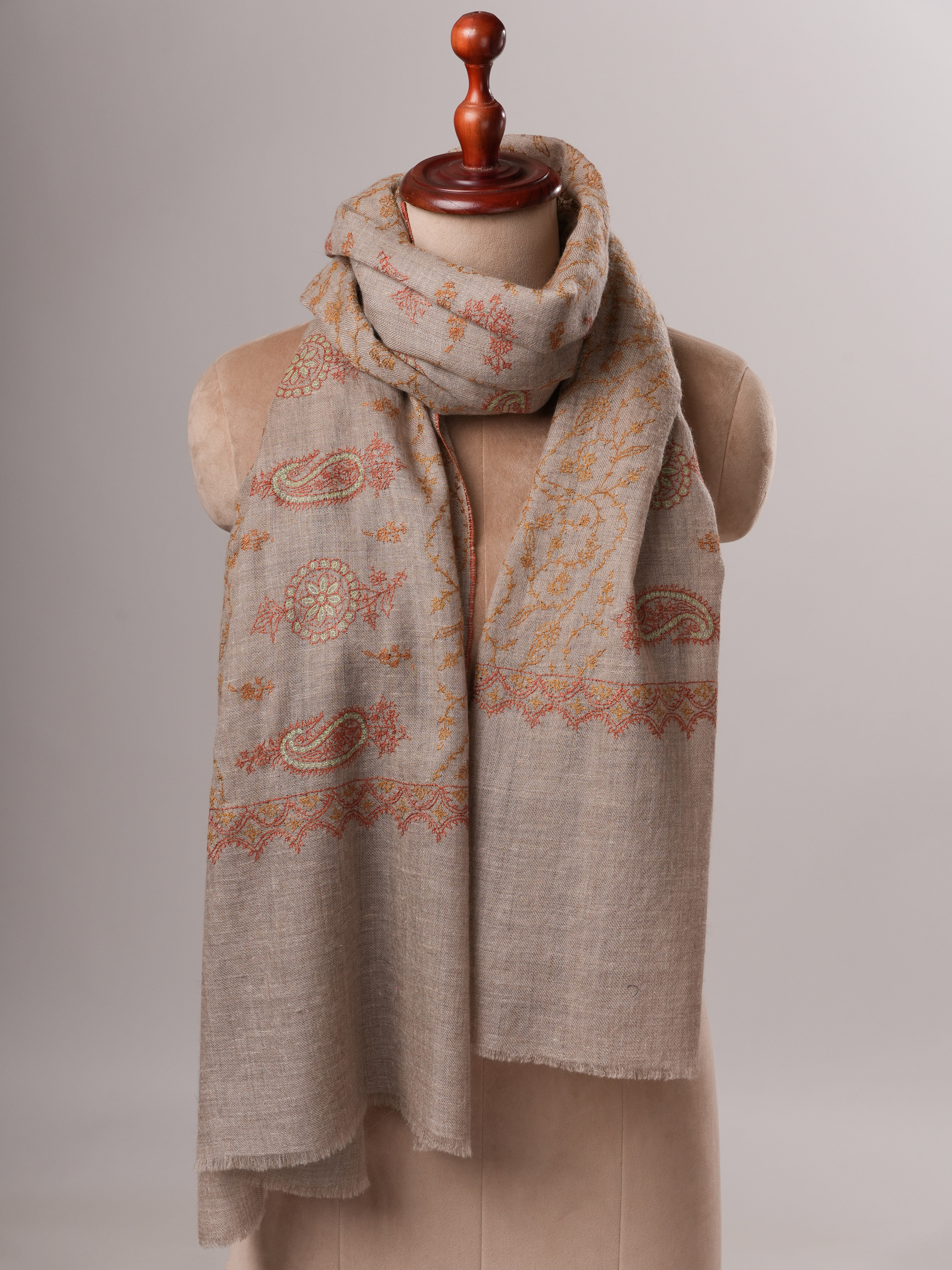 Contemporary Natural Grey Cashmere Scarf with All Over Embroidery Shahkaar