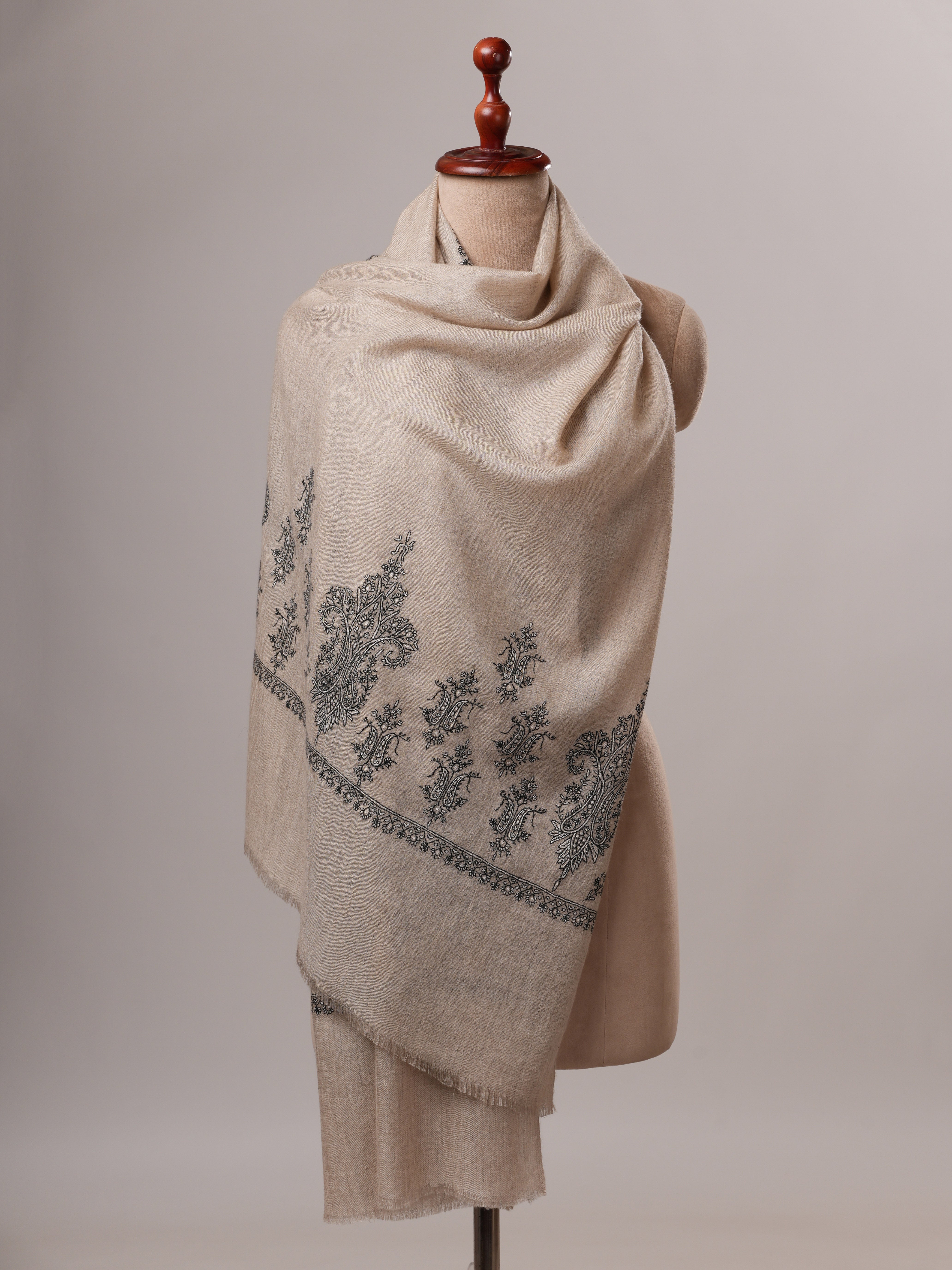 Artisan Crafted Grey Pure Cashmere Scarf Featuring Hand Embroidered Palla Shahkaar