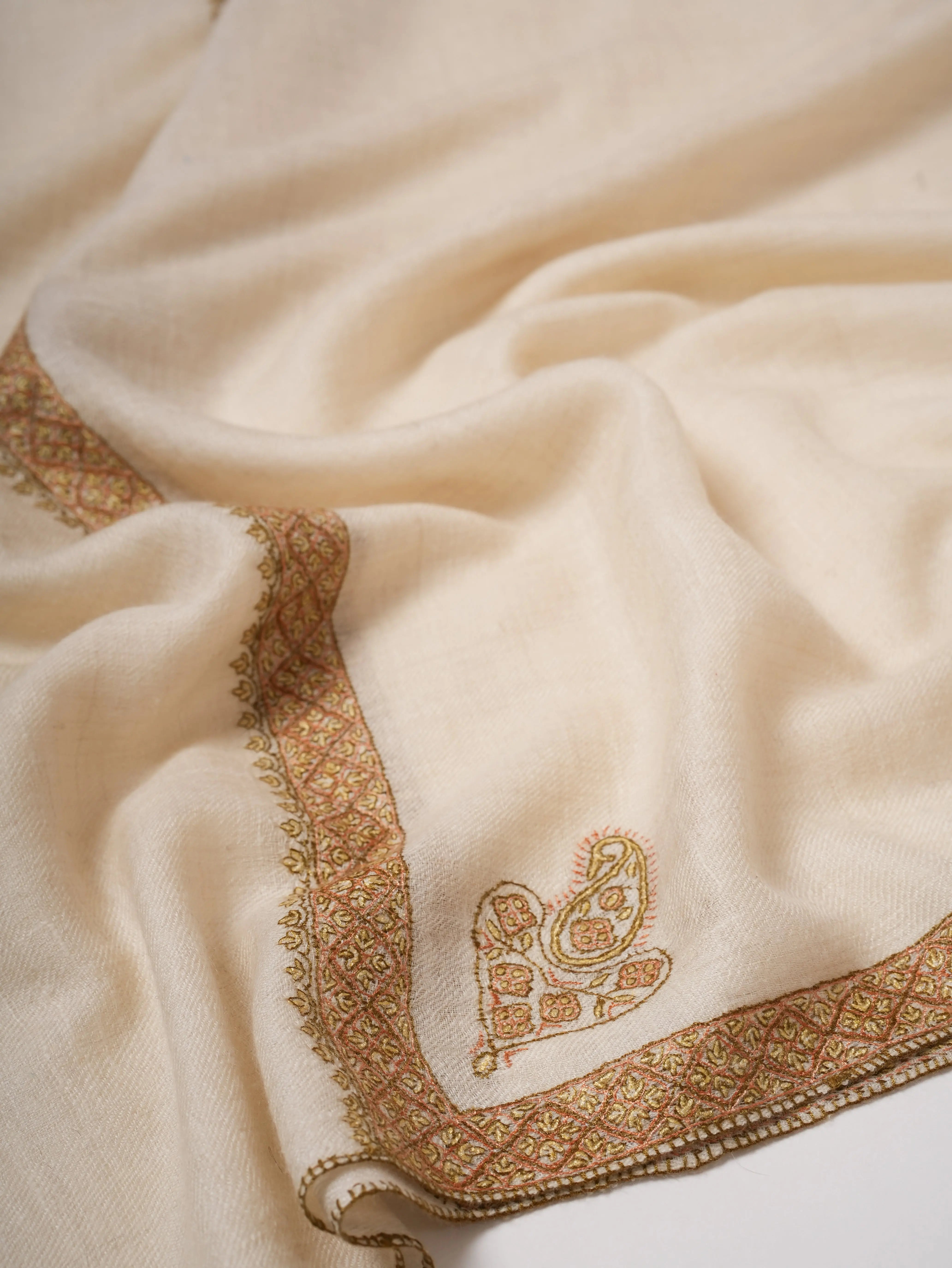 Featherlight Ivory Cashmere Scarf Featuring Traditional Hashia Embroidery Shahkaar
