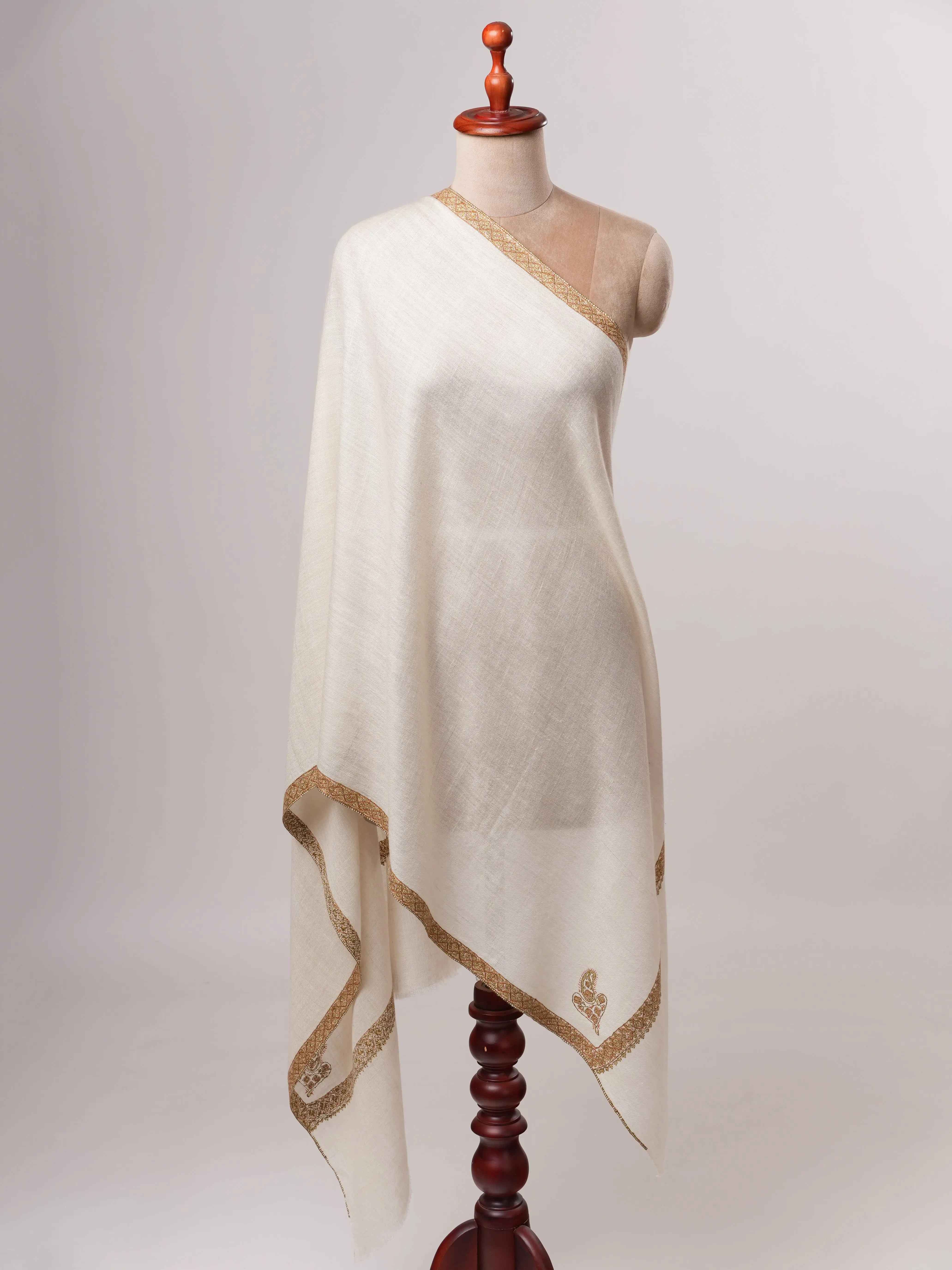 Featherlight Ivory Cashmere Scarf Featuring Traditional Hashia Embroidery Shahkaar