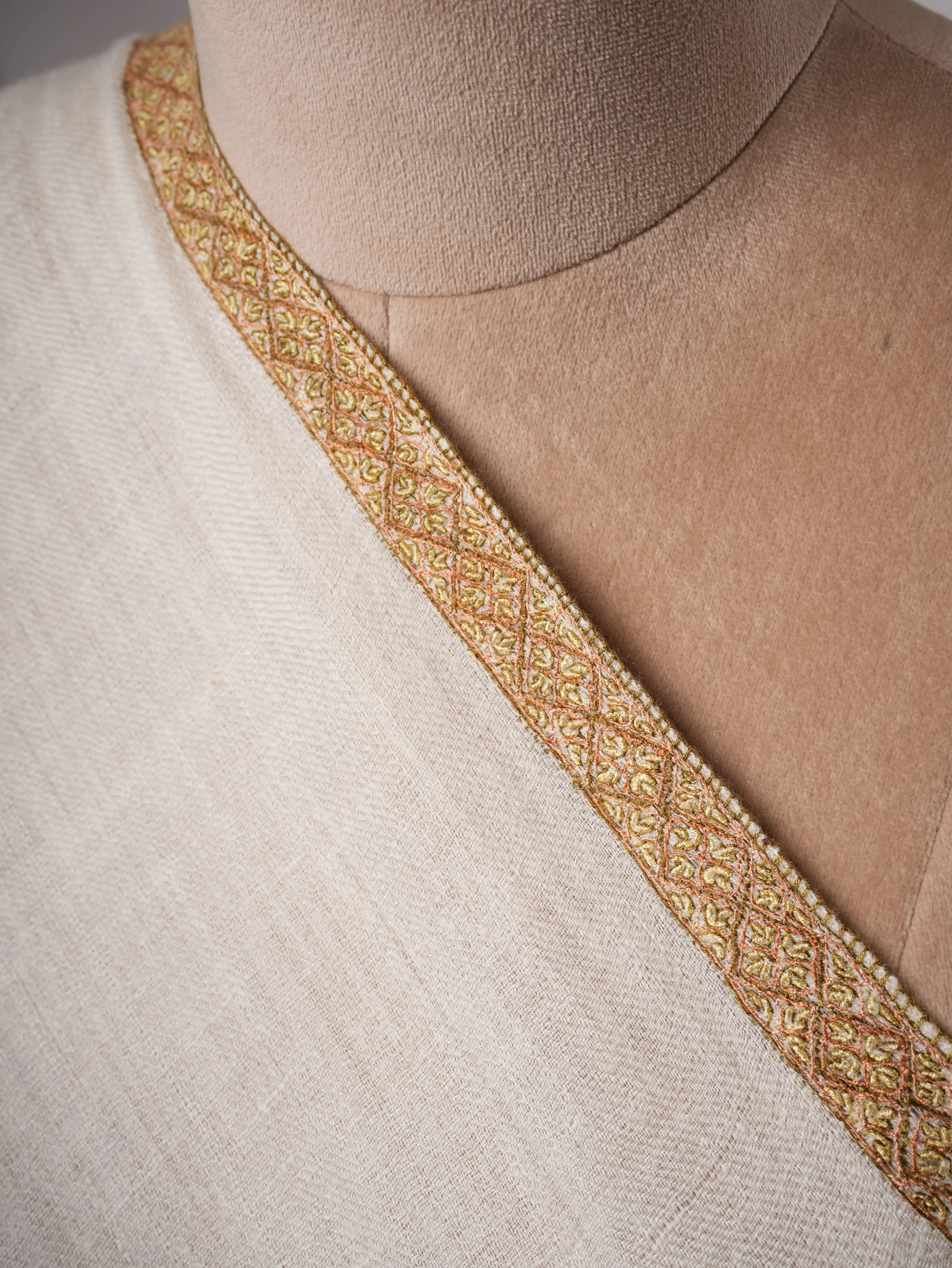 Featherlight Ivory Cashmere Scarf Featuring Traditional Hashia Embroidery Shahkaar