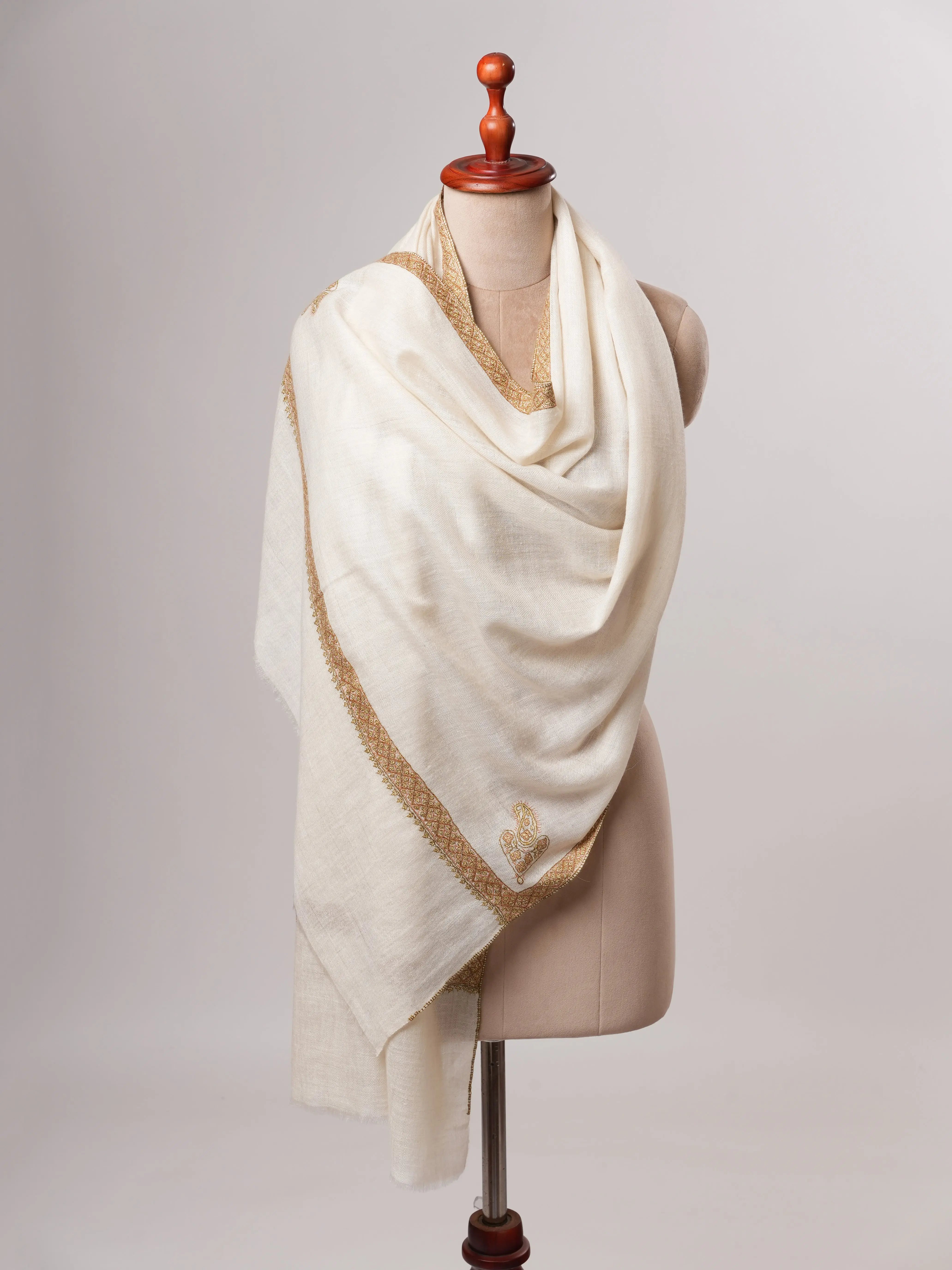 Featherlight Ivory Cashmere Scarf Featuring Traditional Hashia Embroidery Shahkaar