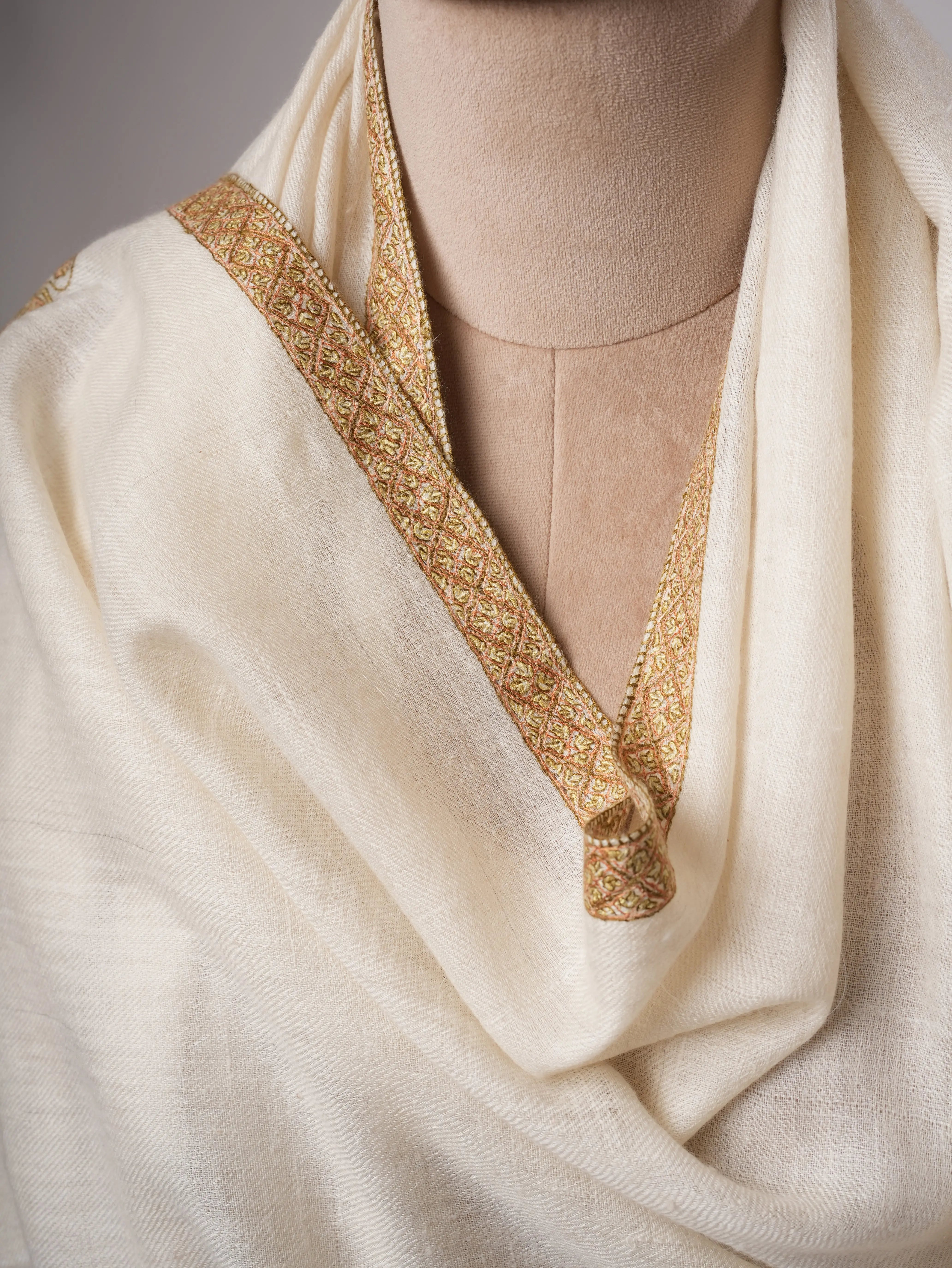 Featherlight Ivory Cashmere Scarf Featuring Traditional Hashia Embroidery Shahkaar