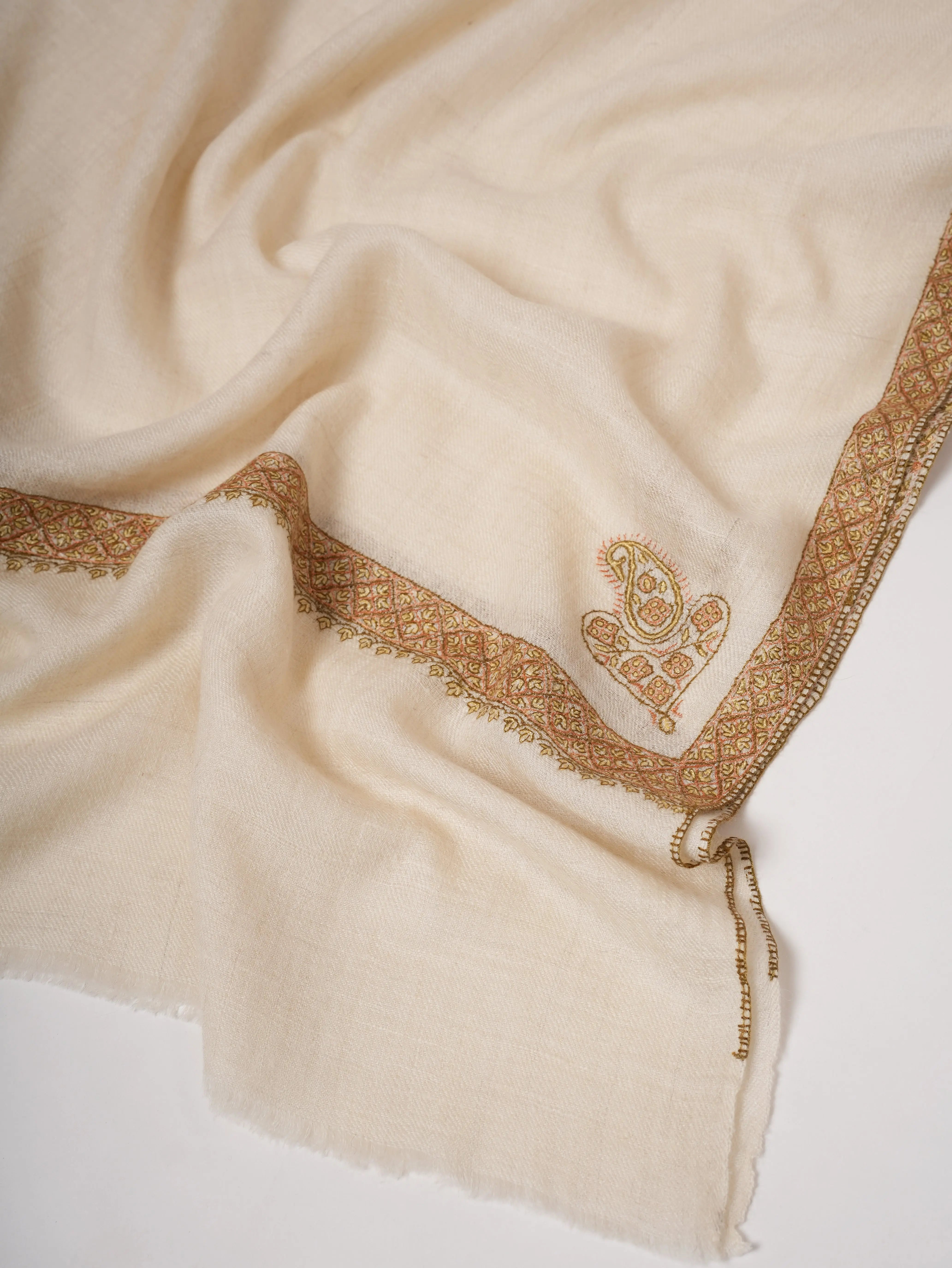 Featherlight Ivory Cashmere Scarf Featuring Traditional Hashia Embroidery Shahkaar