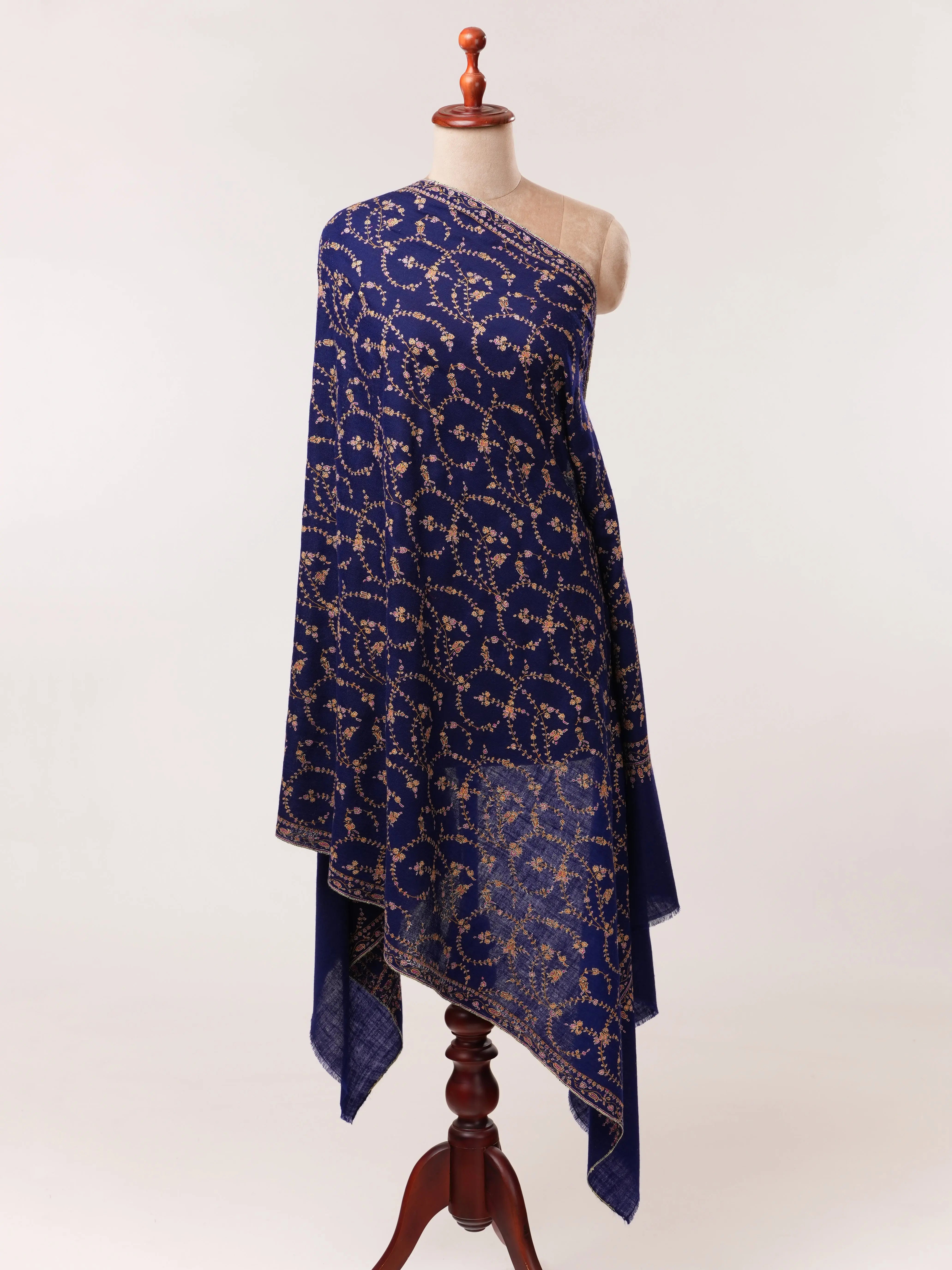 Royal Blue Pashmina Shawl with Floral Hand Embroidery Shahkaar.com