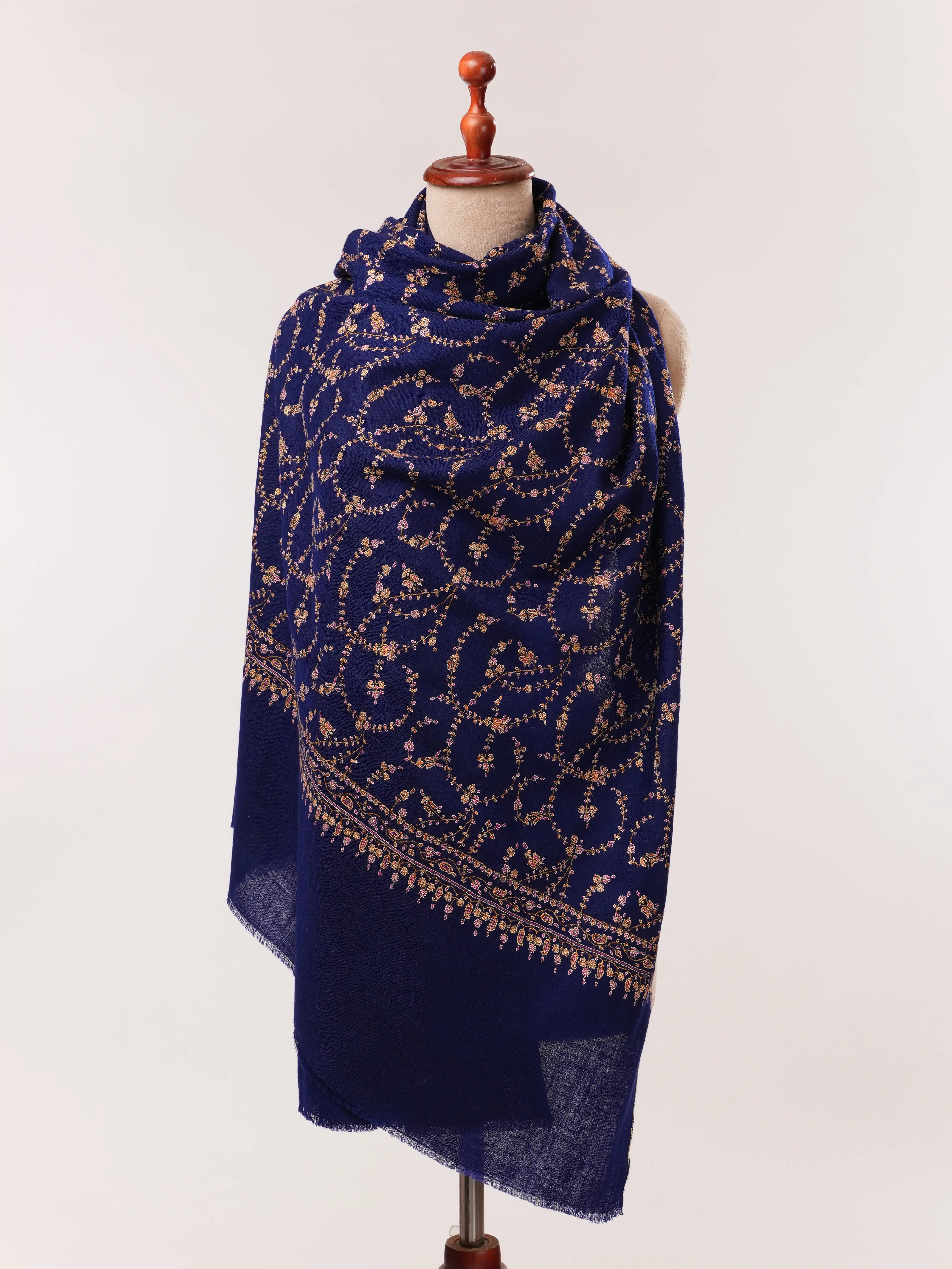 Royal Blue Pashmina Shawl with Floral Hand Embroidery Shahkaar.com