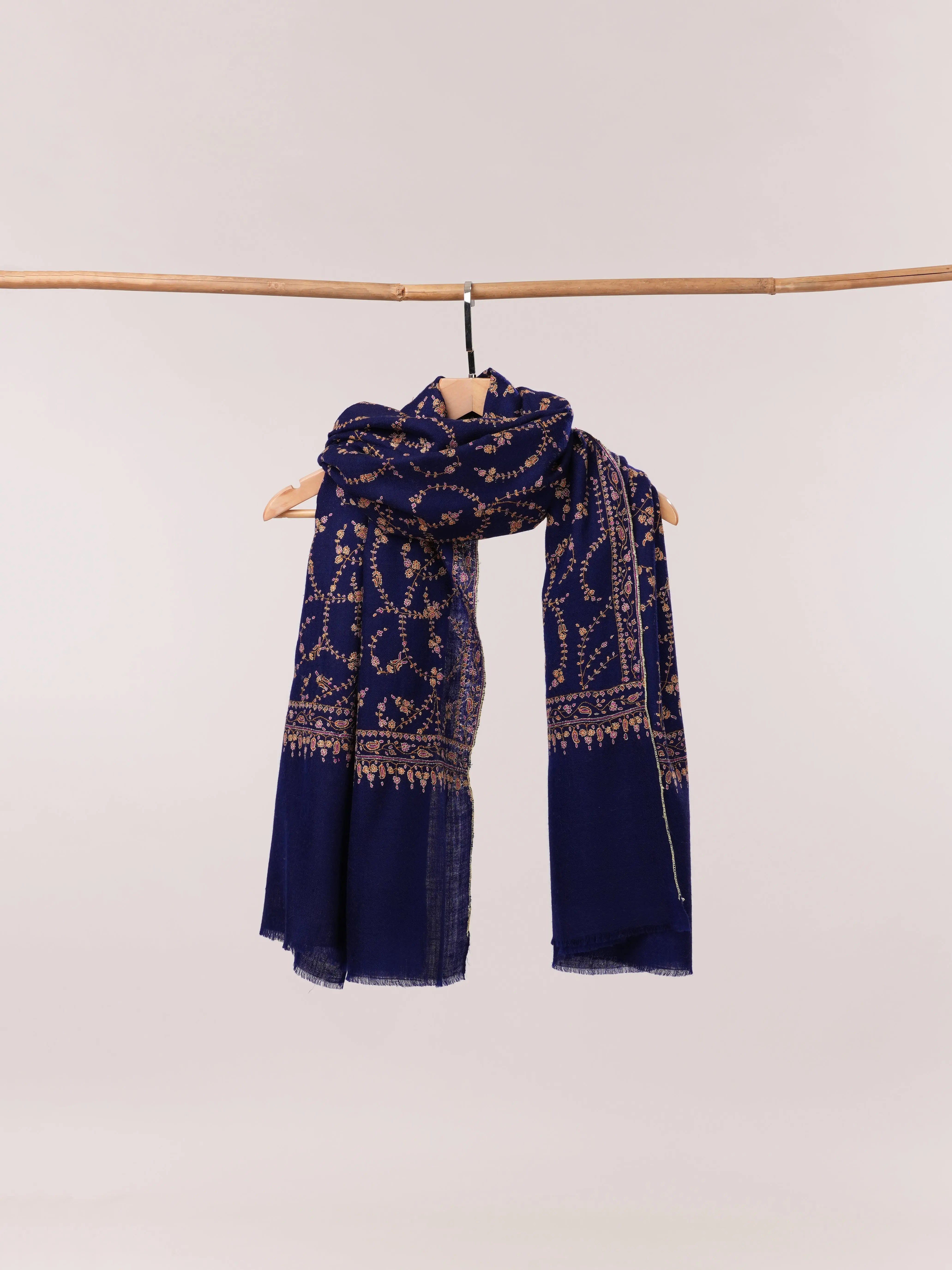 Royal Blue Pashmina Shawl with Floral Hand Embroidery Shahkaar.com
