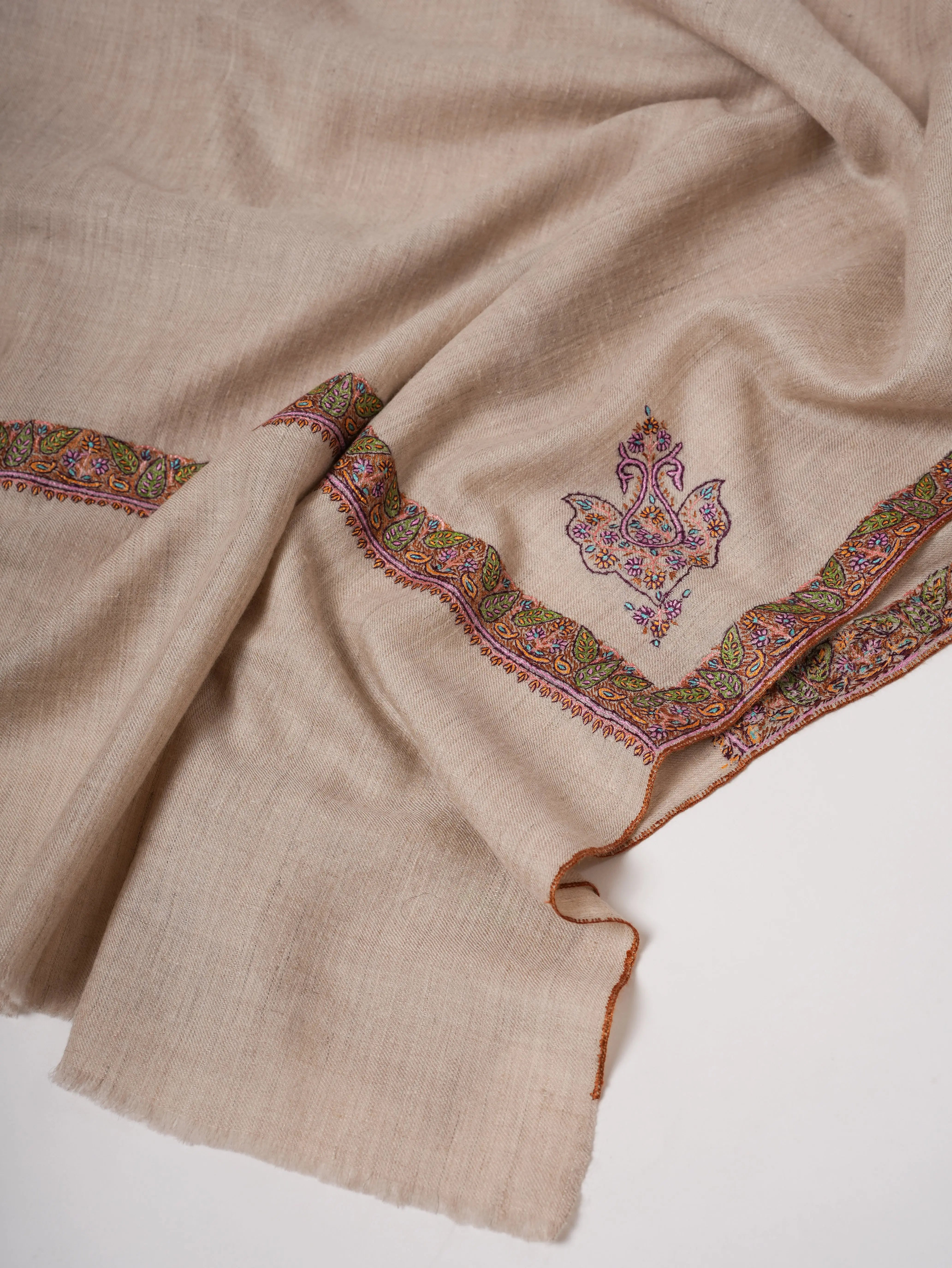 Natural Grey Pure Pashmina Shawl with Traditional Hashia Embroidery Shahkaar