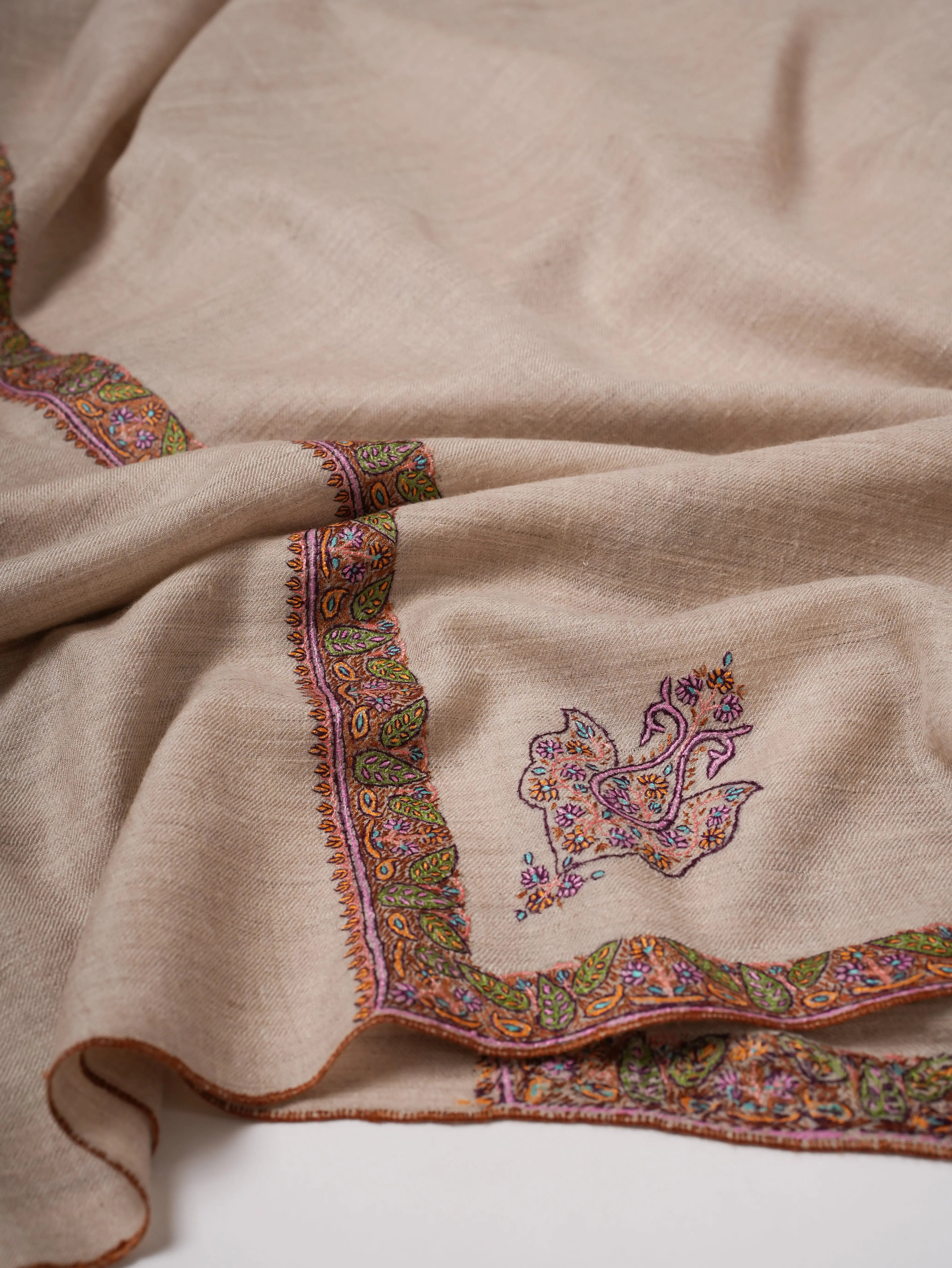 Natural Grey Pure Pashmina Shawl with Traditional Hashia Embroidery Shahkaar