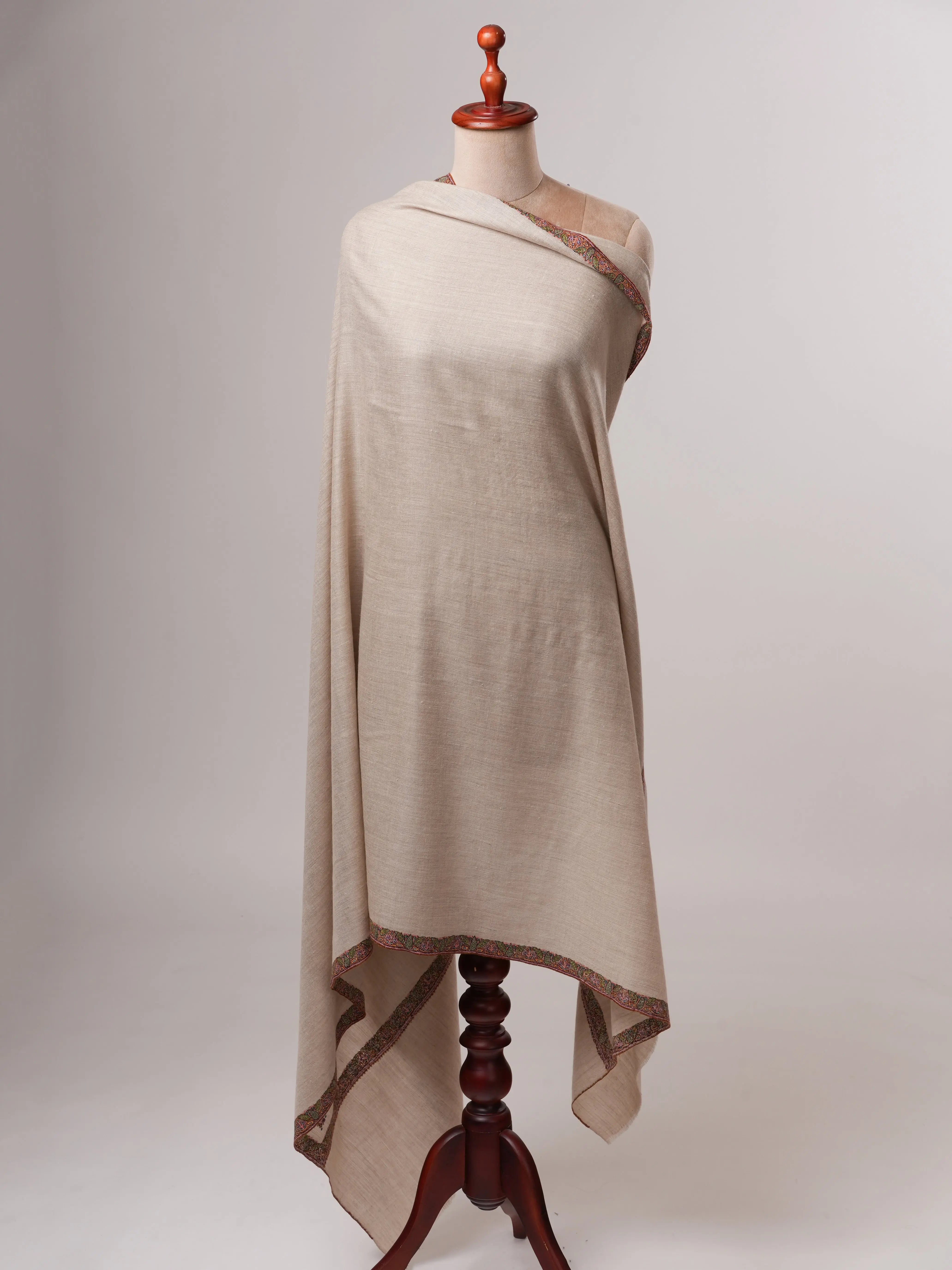 Natural Grey Pure Pashmina Shawl with Traditional Hashia Embroidery Shahkaar