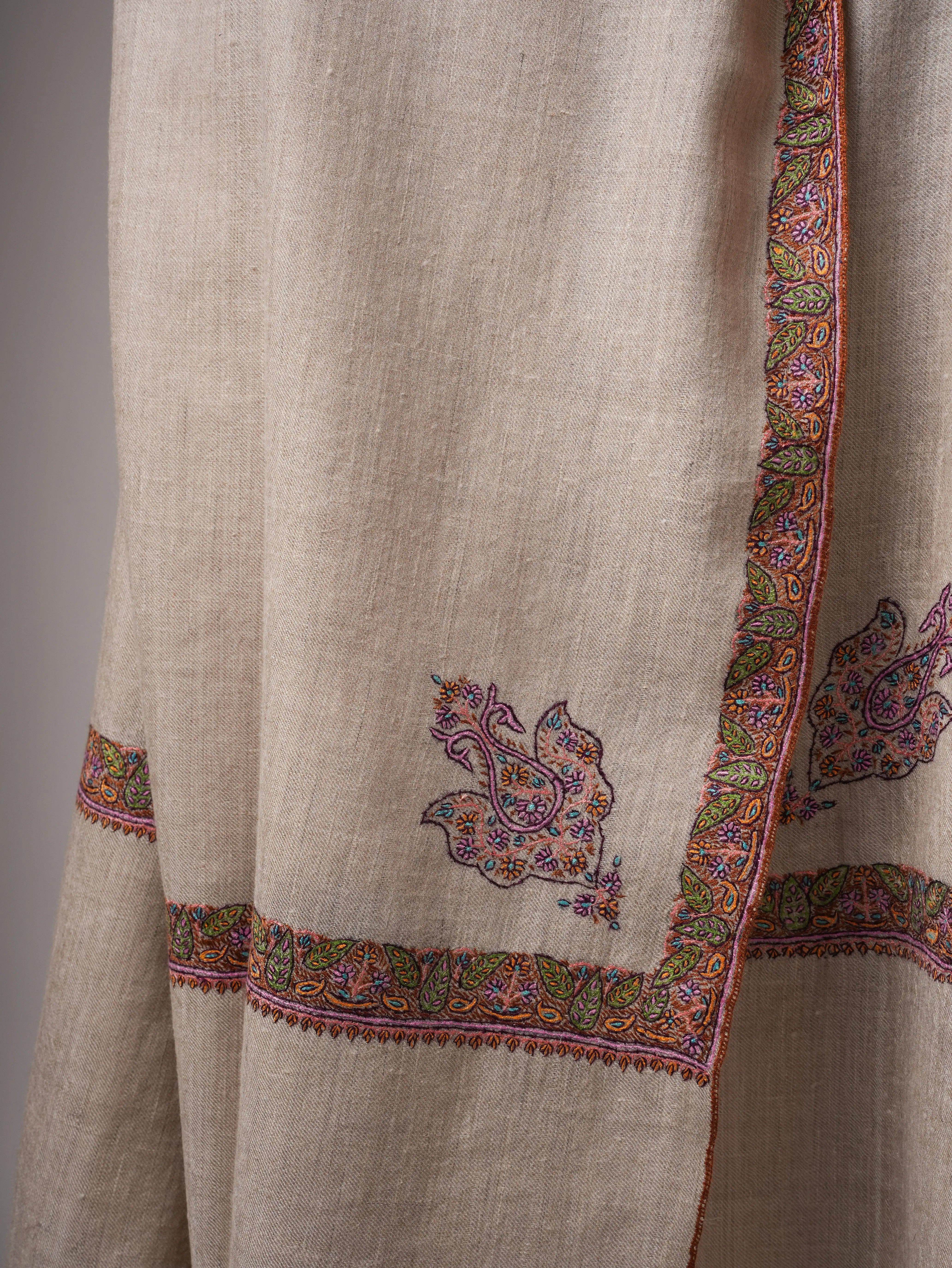 Natural Grey Pure Pashmina Shawl with Traditional Hashia Embroidery Shahkaar