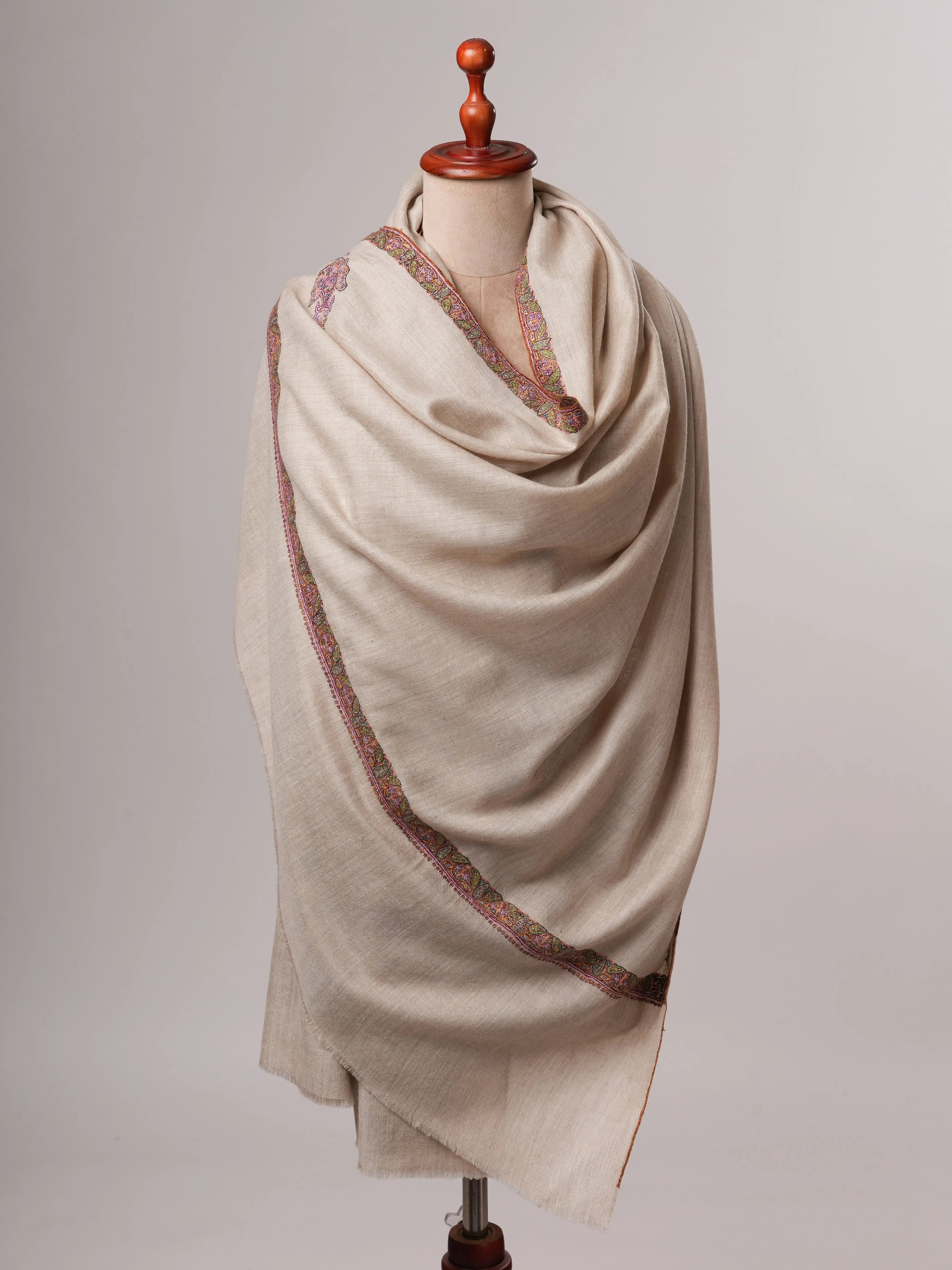 Natural Grey Pure Pashmina Shawl with Traditional Hashia Embroidery Shahkaar