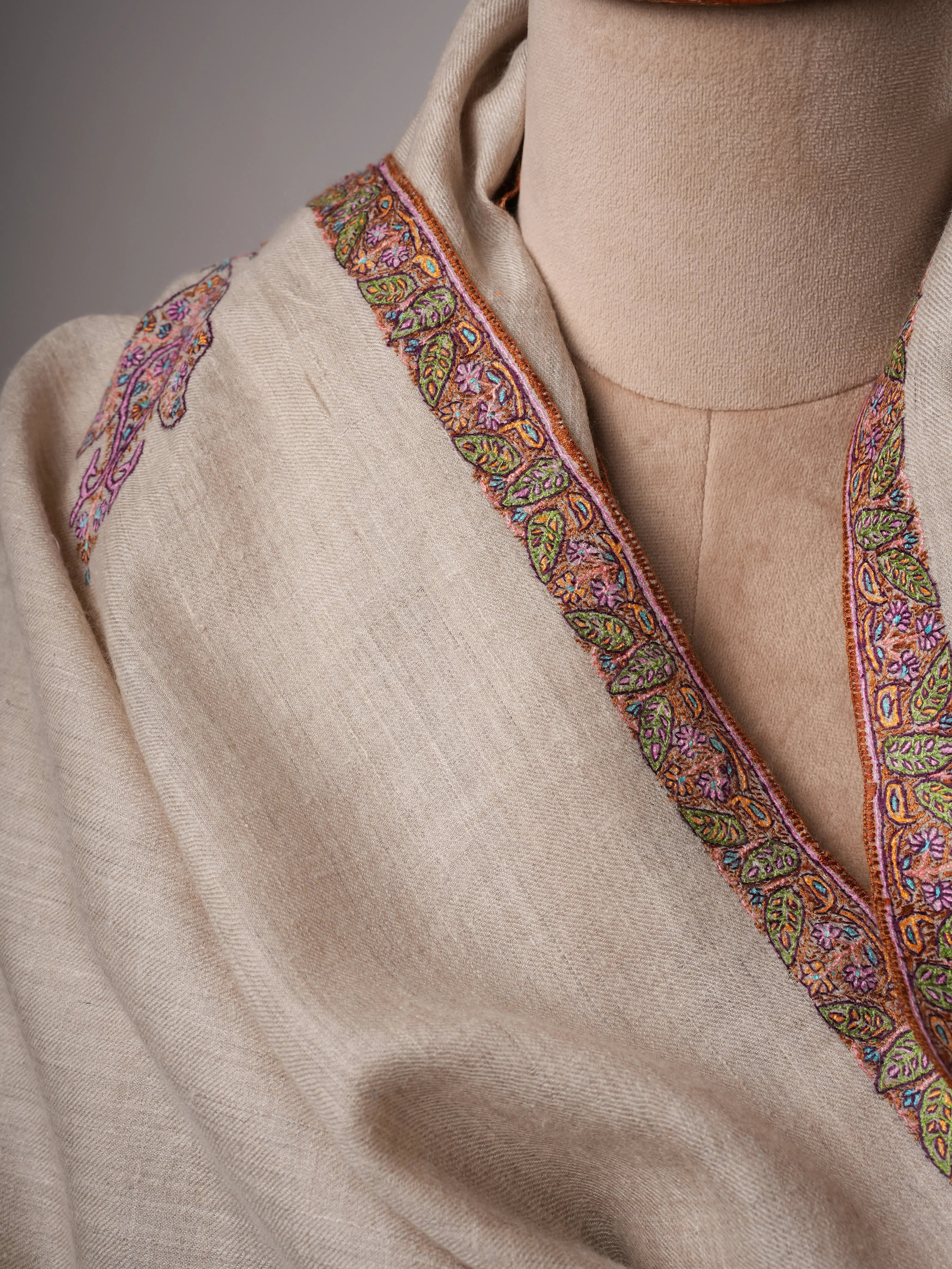 Natural Grey Pure Pashmina Shawl with Traditional Hashia Embroidery Shahkaar
