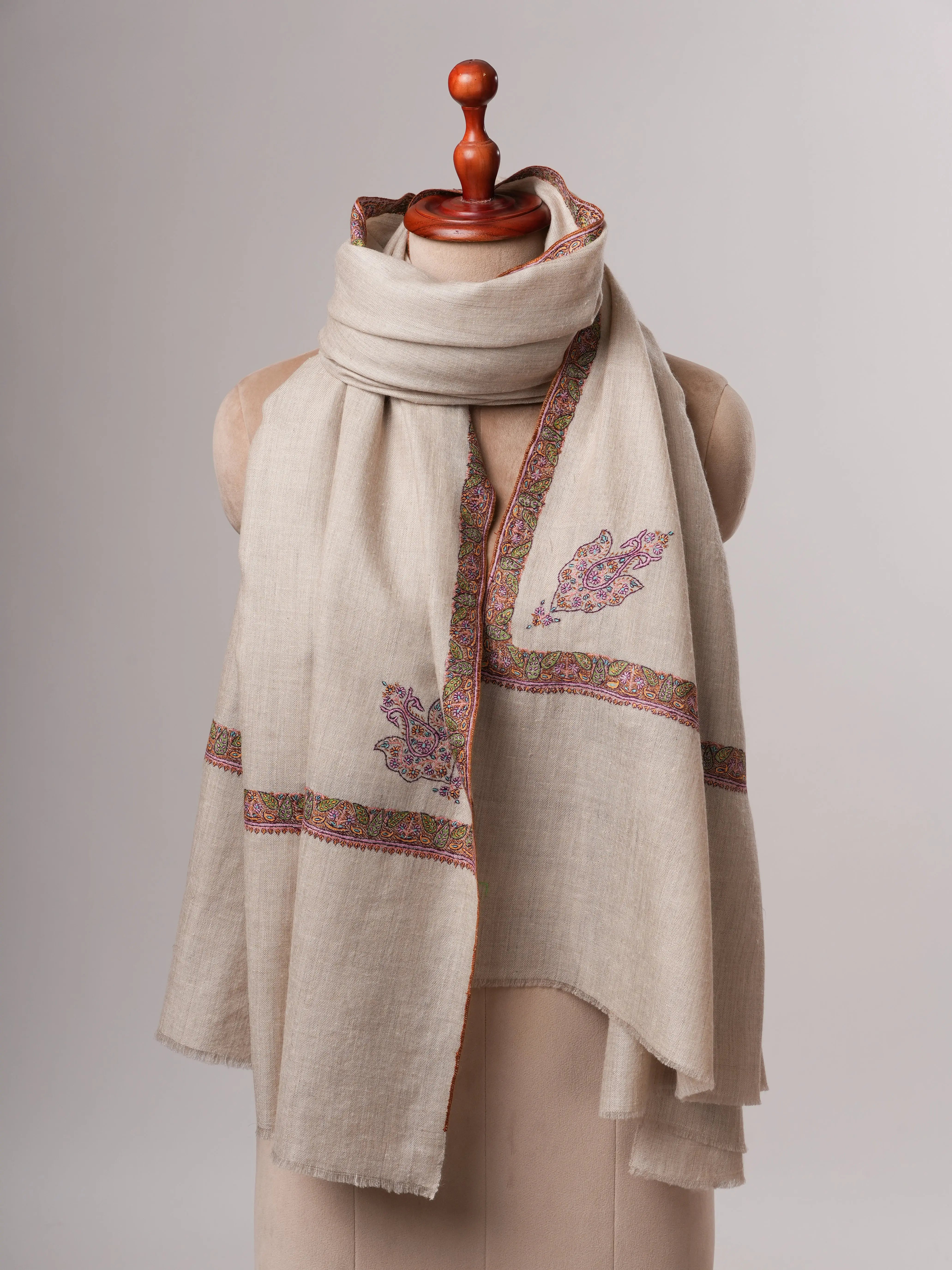 Natural Grey Pure Pashmina Shawl with Traditional Hashia Embroidery Shahkaar