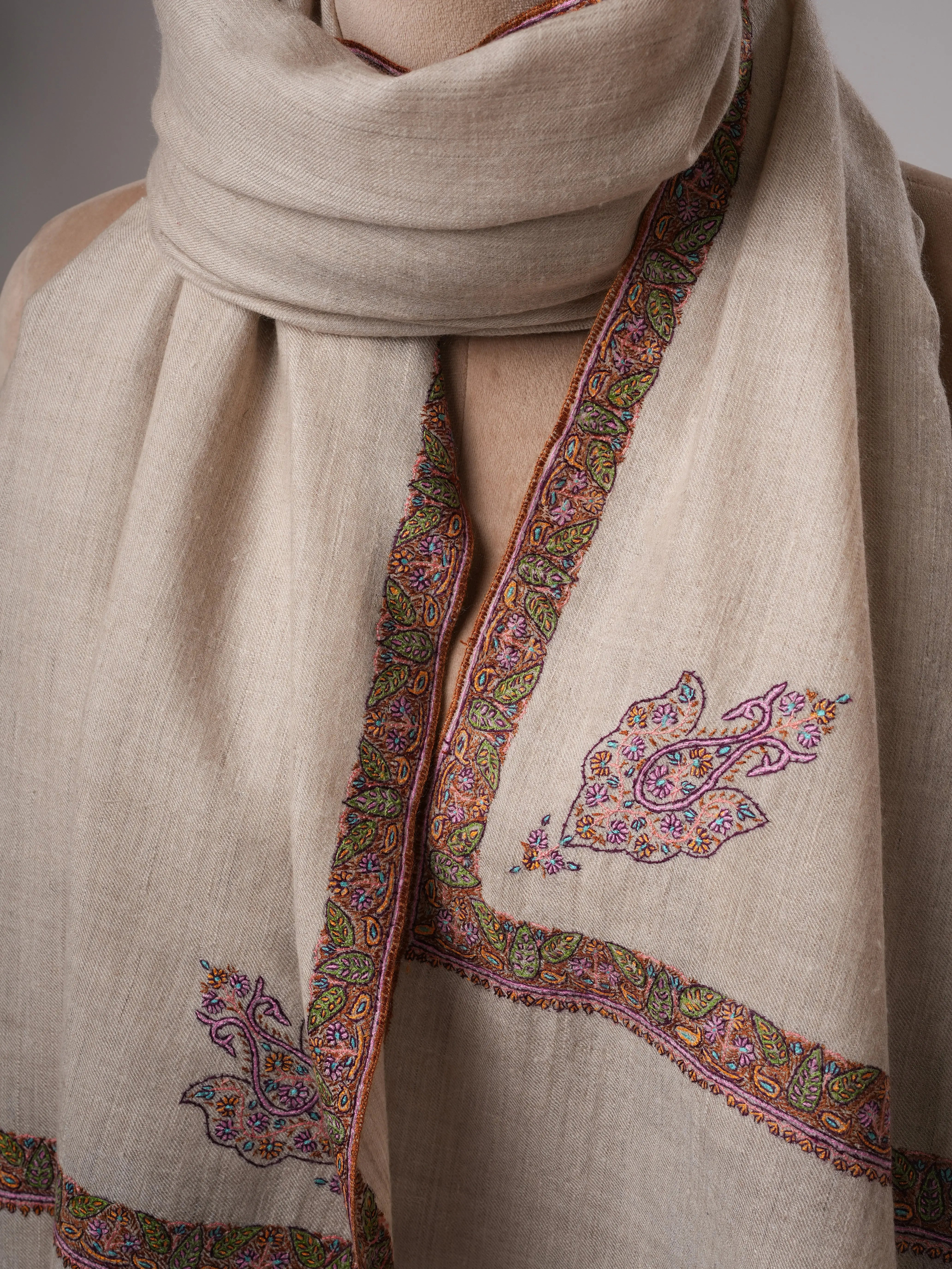 Natural Grey Pure Pashmina Shawl with Traditional Hashia Embroidery Shahkaar