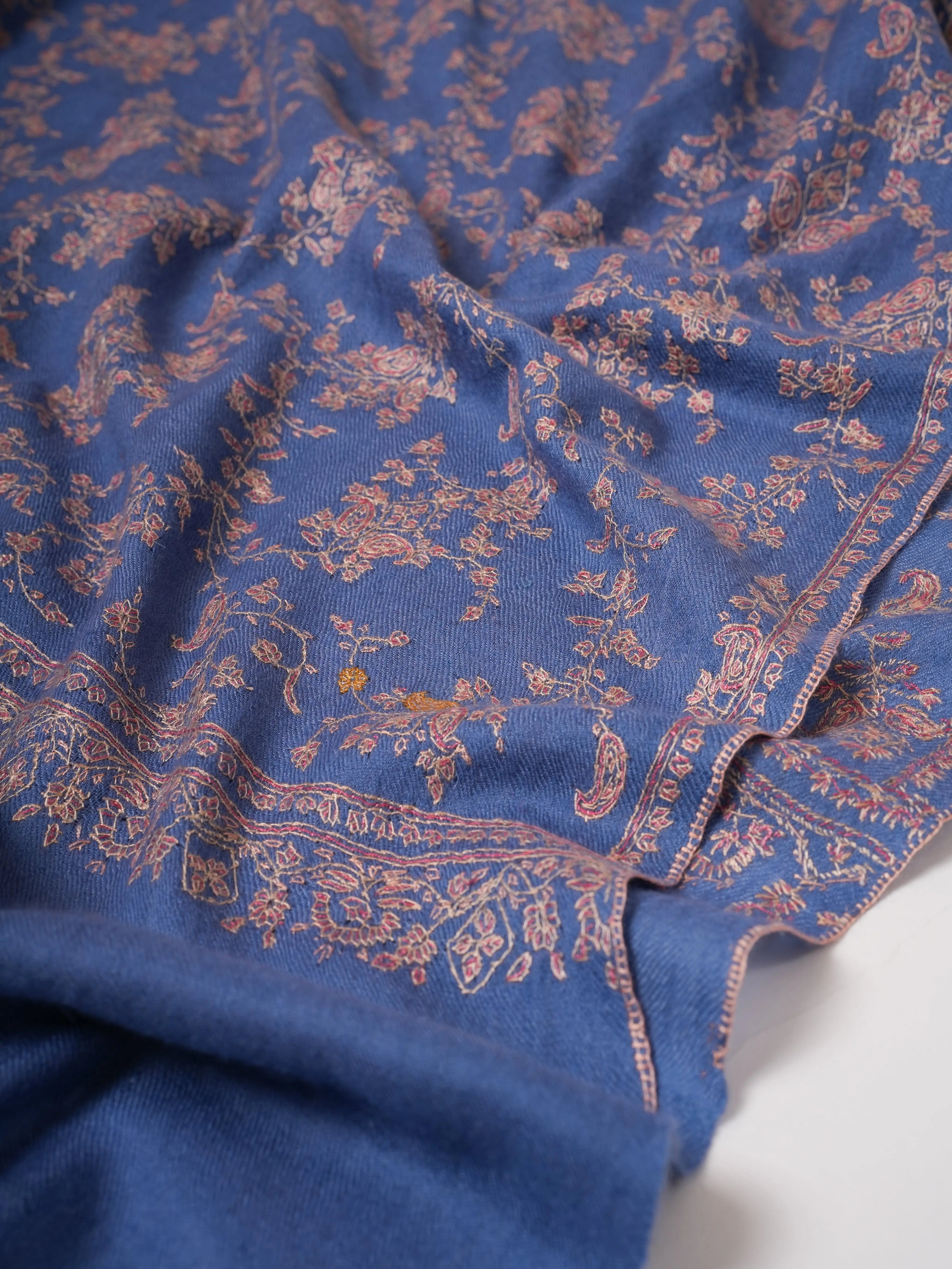 Artisan Blue Cashmere Scarf Featuring Intricate All-Over Embroidery Shahkaar